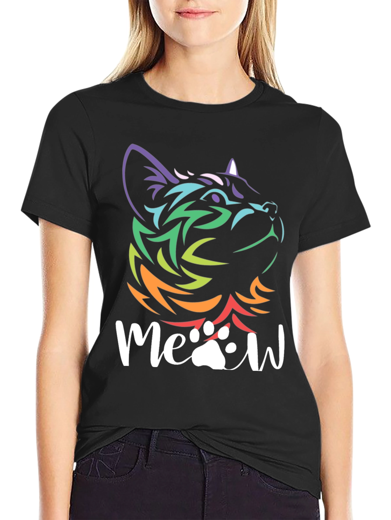 Meow Cat T-Shirt - Rainbow Tribal Cat Design