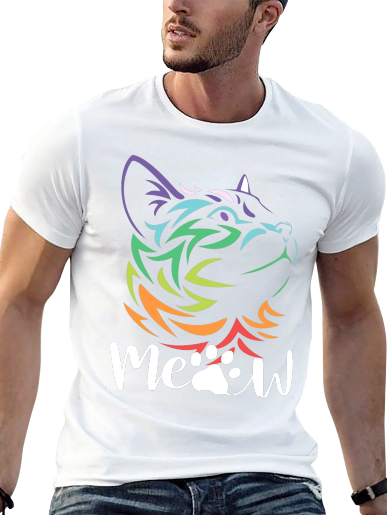 Meow Cat T-Shirt - Rainbow Tribal Cat Design