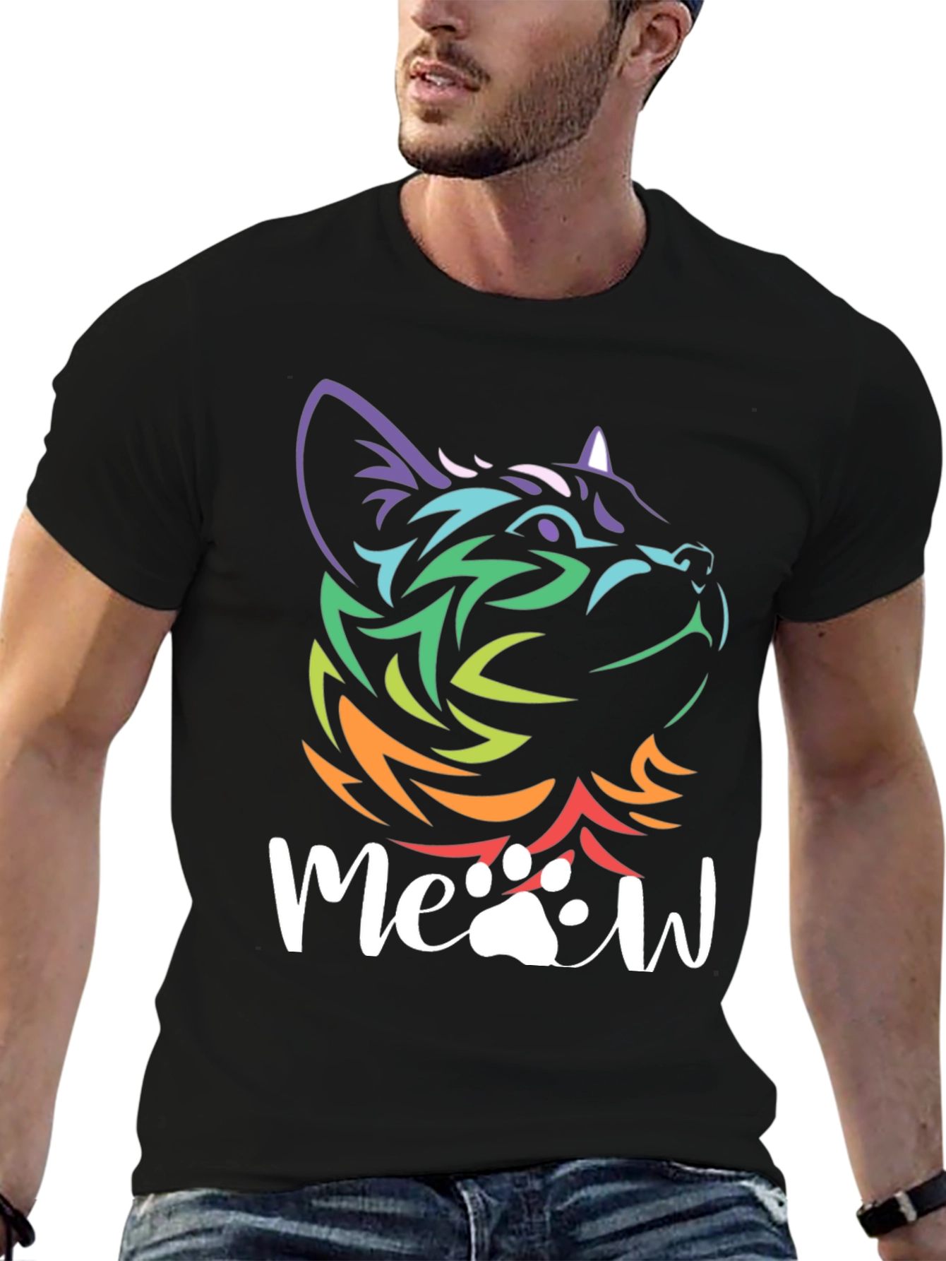 Meow Cat T-Shirt - Rainbow Tribal Cat Design