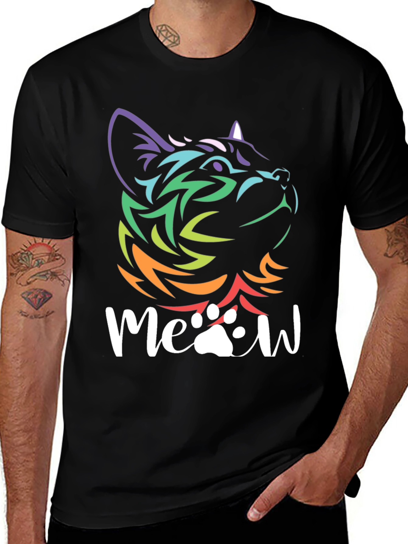 Meow Cat T-Shirt - Rainbow Tribal Cat Design