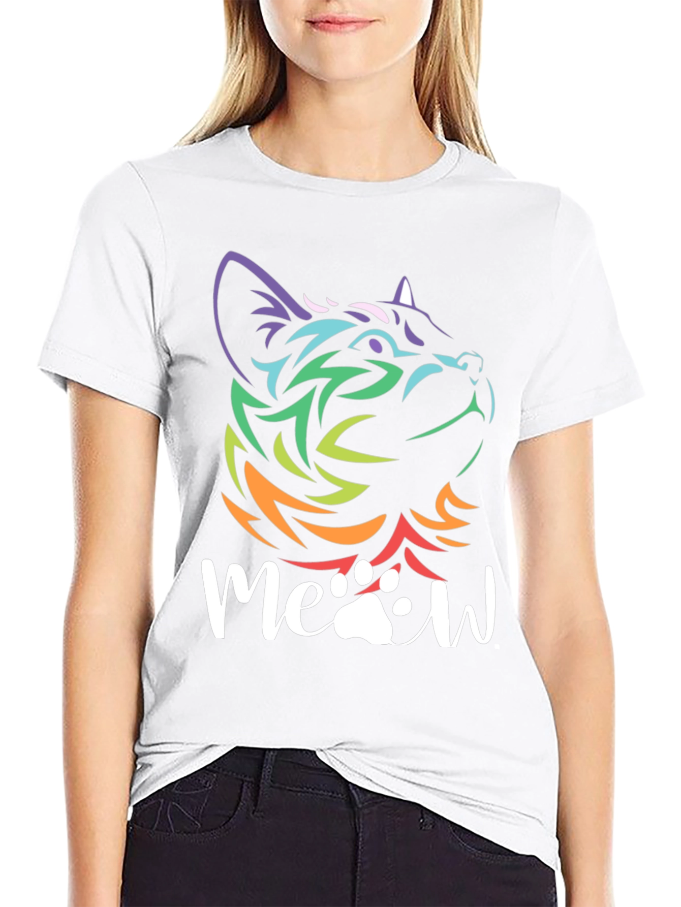 Meow Cat T-Shirt - Rainbow Tribal Cat Design