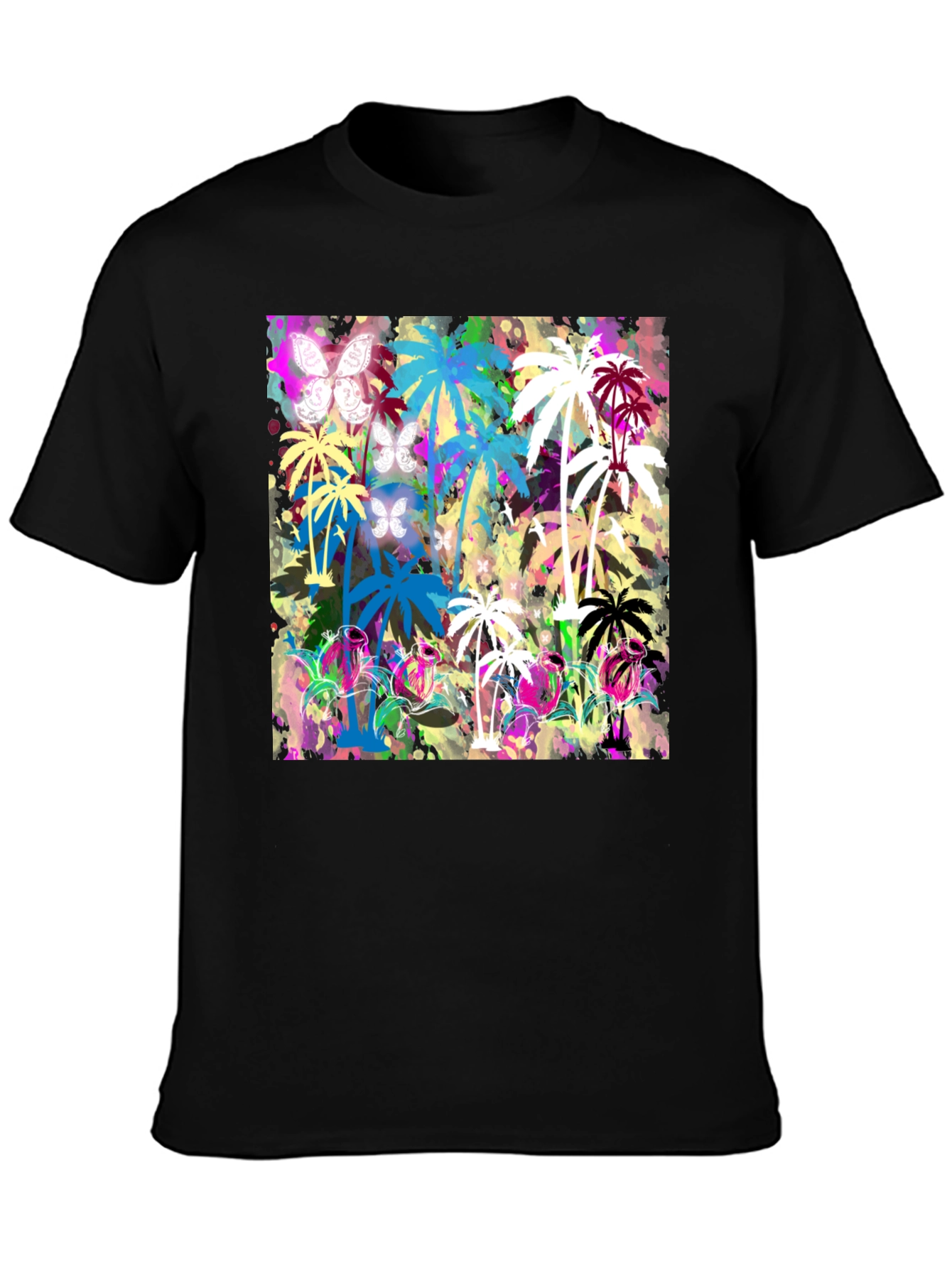 Tropical Palm Tree Butterfly Graphic T-Shirt