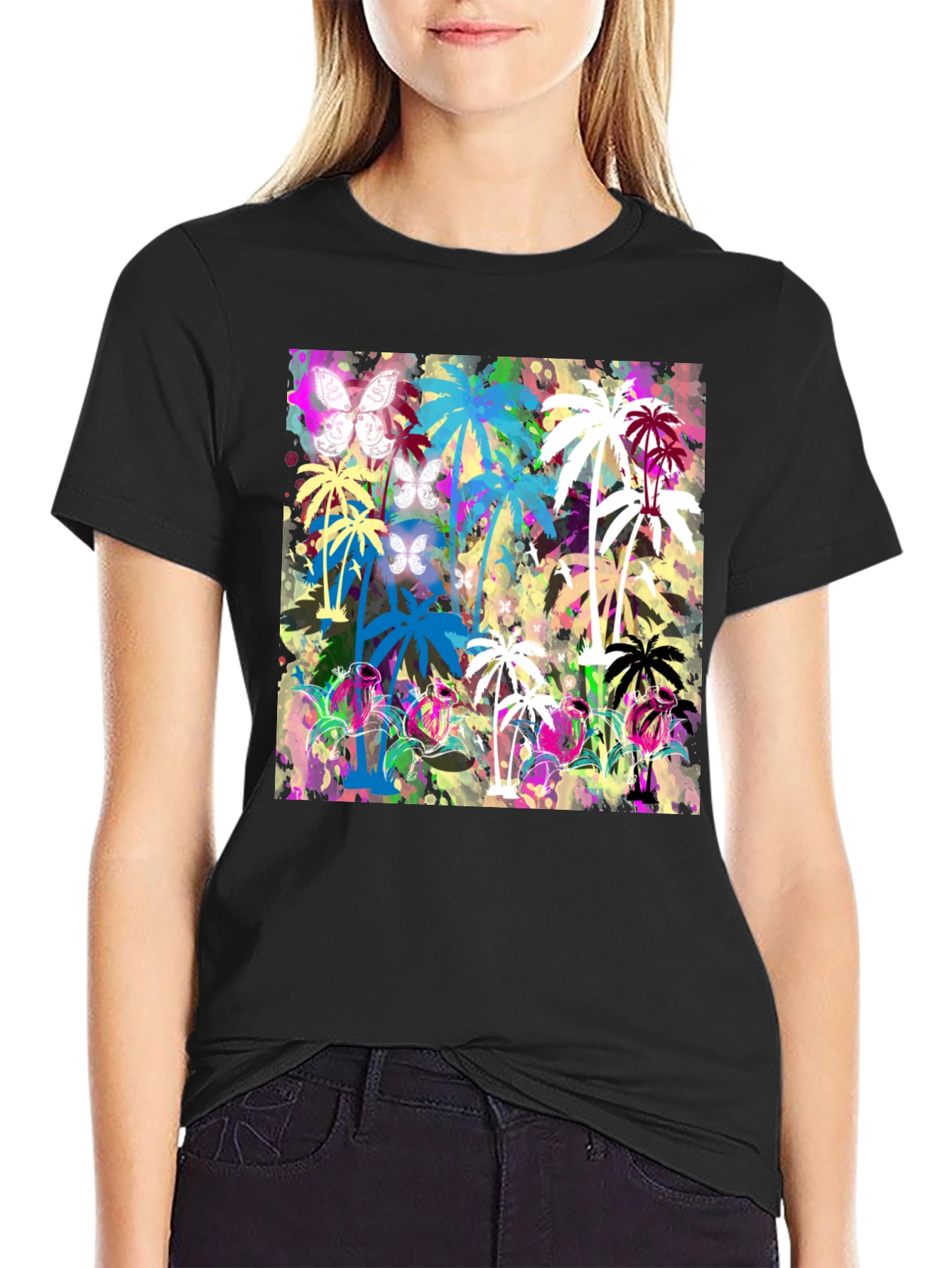 Tropical Palm Tree Butterfly Graphic T-Shirt