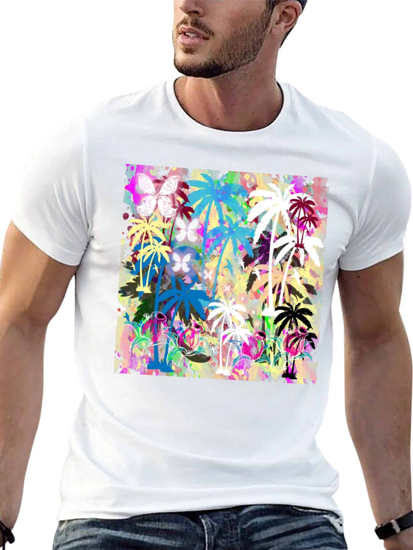 Tropical Palm Tree Butterfly Graphic T-Shirt
