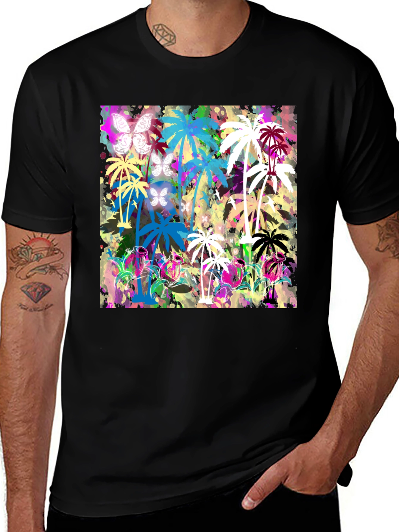 Tropical Palm Tree Butterfly Graphic T-Shirt