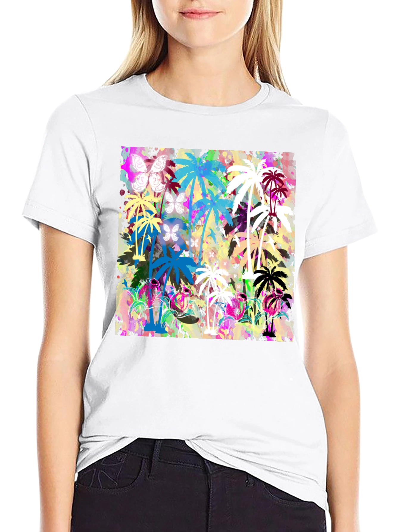 Tropical Palm Tree Butterfly Graphic T-Shirt