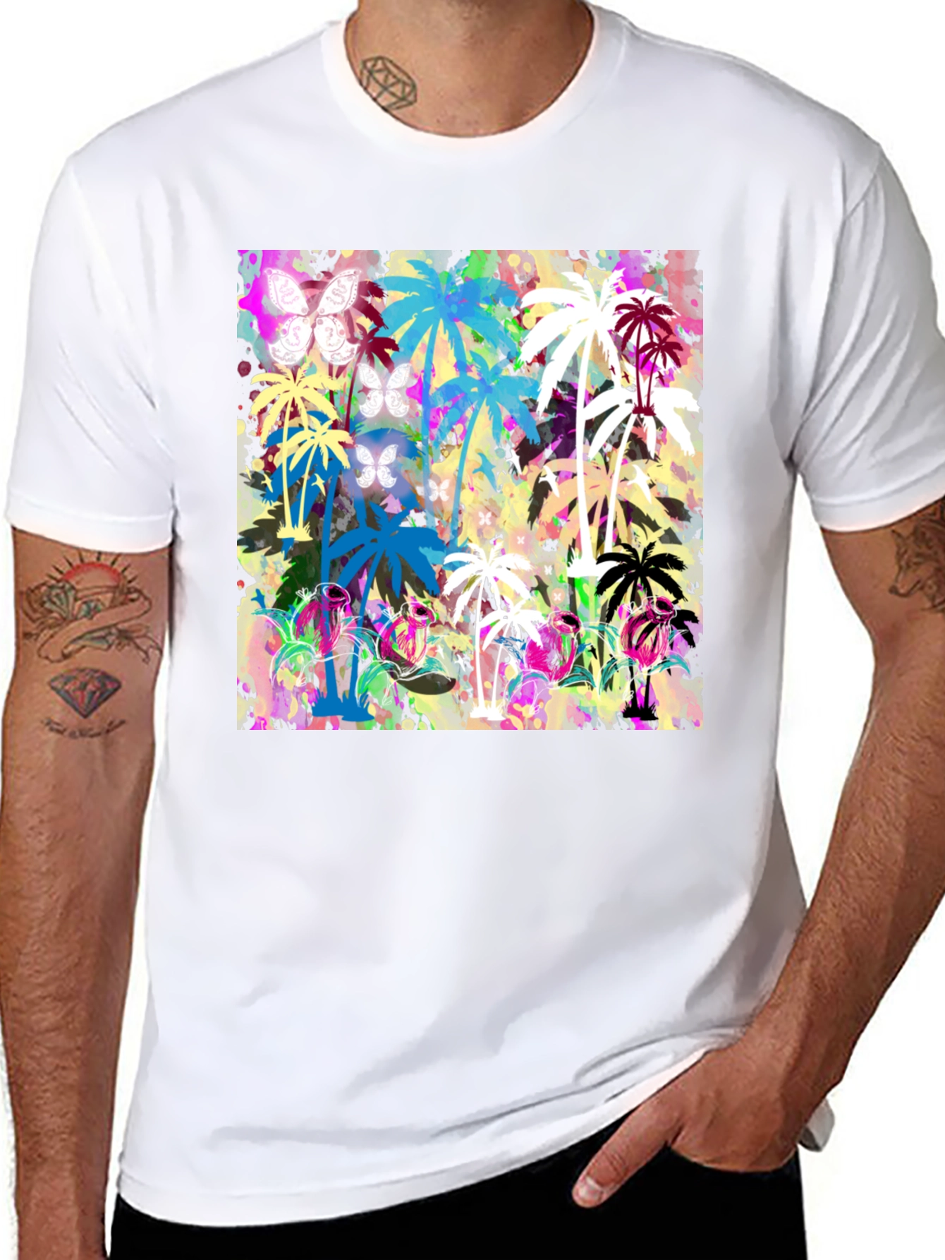 Tropical Palm Tree Butterfly Graphic T-Shirt