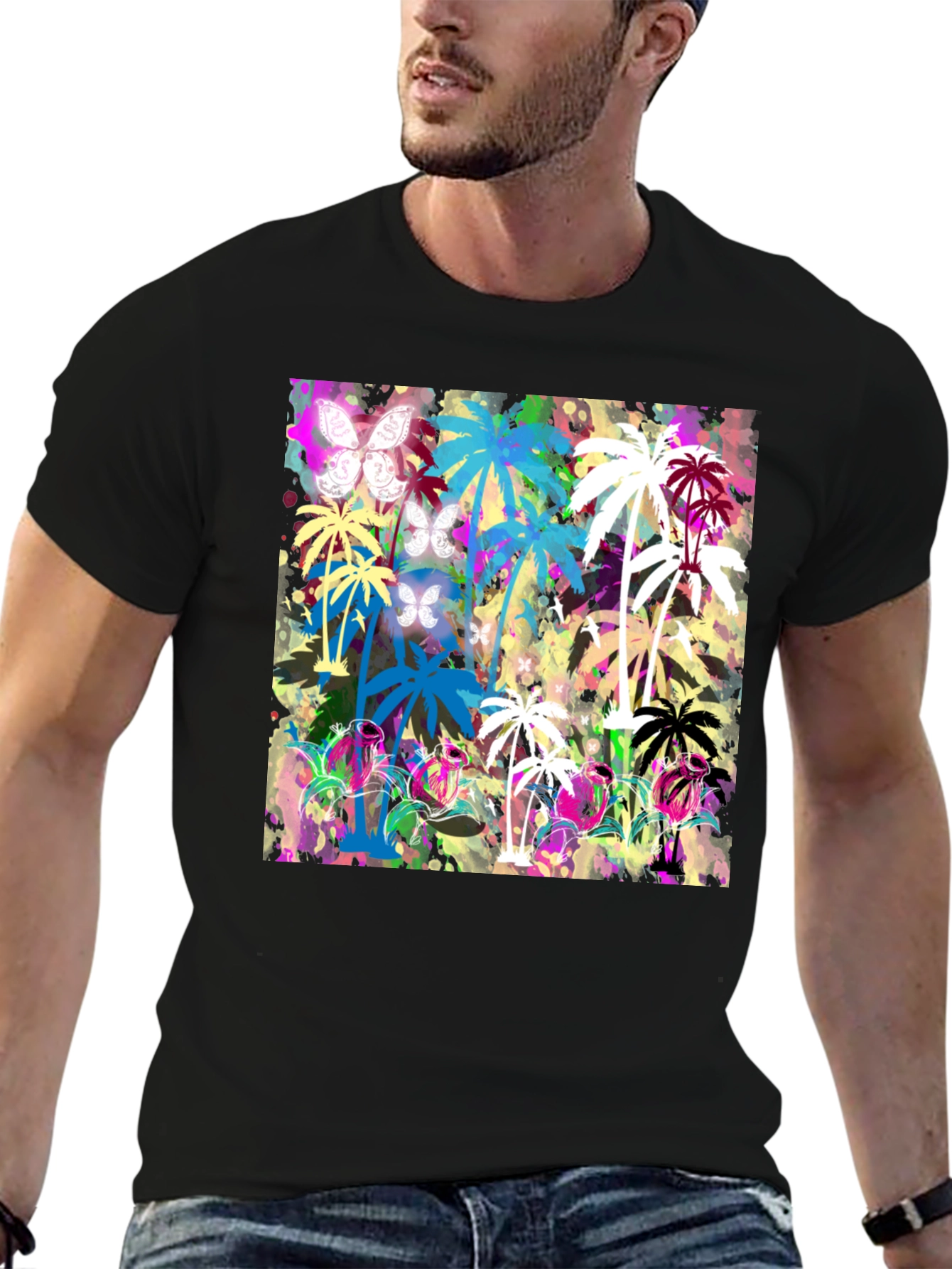 Tropical Palm Tree Butterfly Graphic T-Shirt