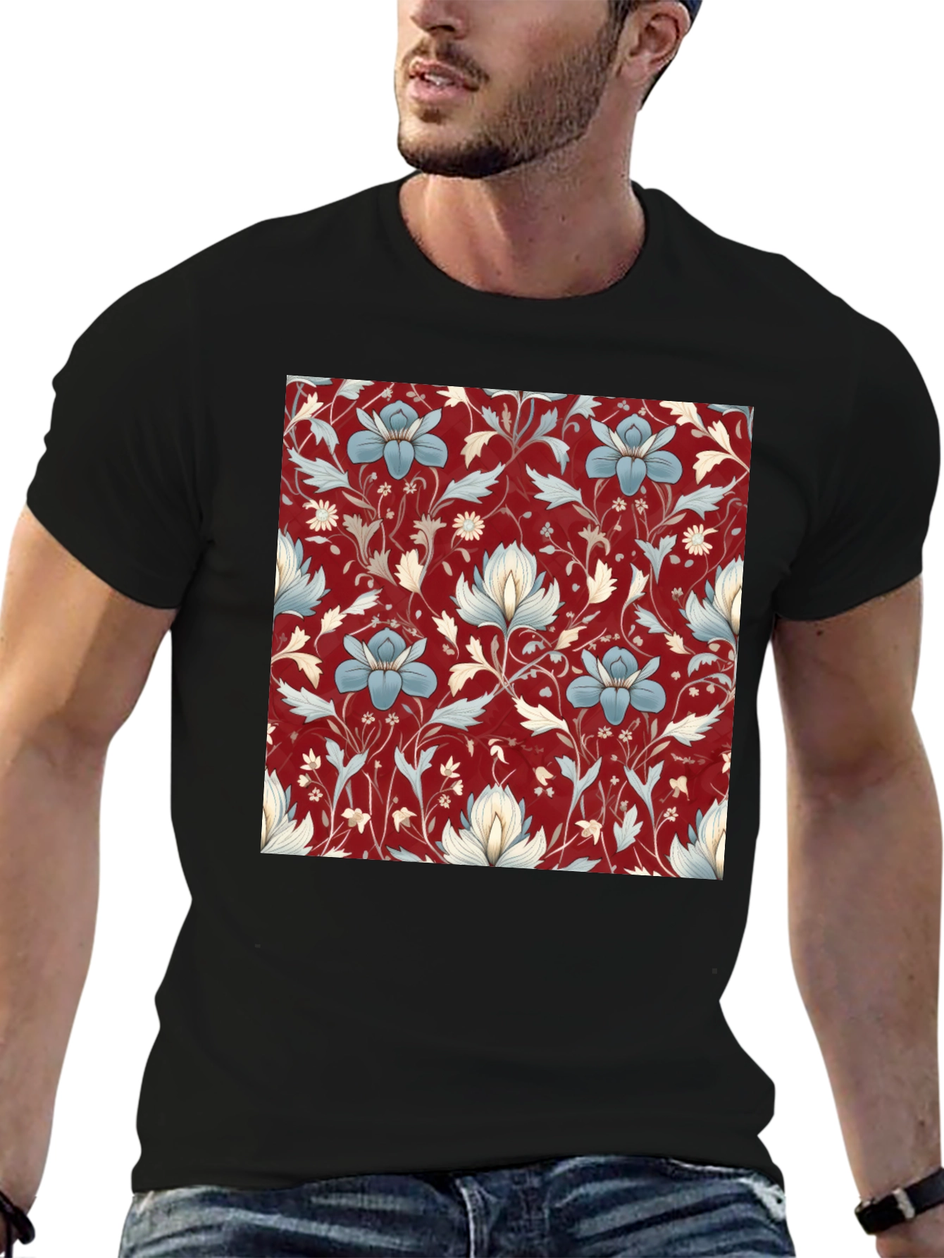 Floral Print Tee - Stylish Black T-Shirt
