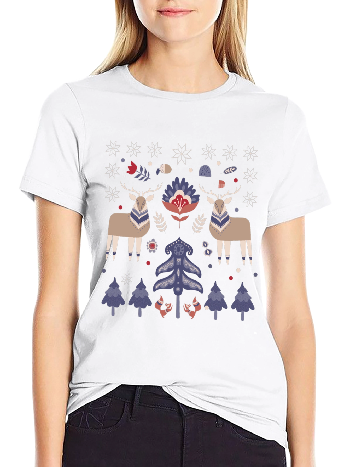 Festive Folk Art Deer & Tree Graphic Tee
