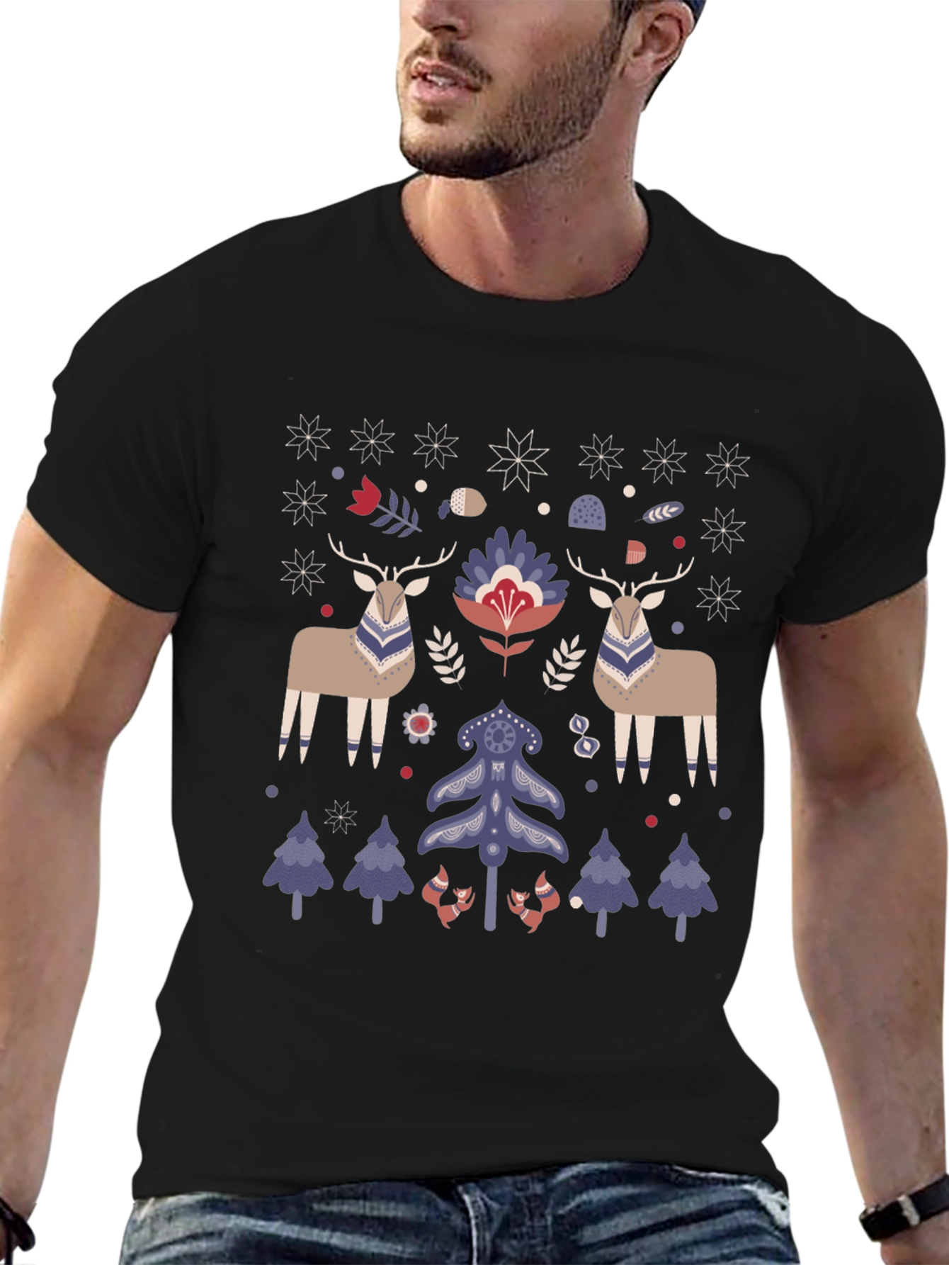 Festive Folk Art Deer & Tree Graphic Tee