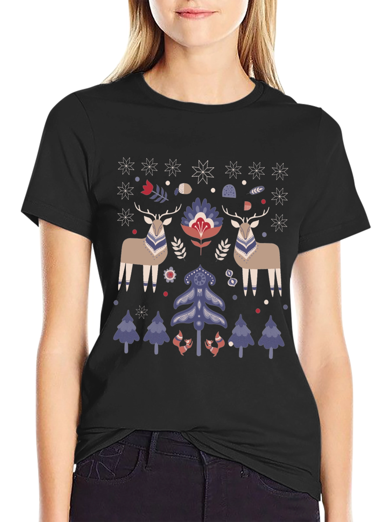 Festive Folk Art Deer & Tree Graphic Tee