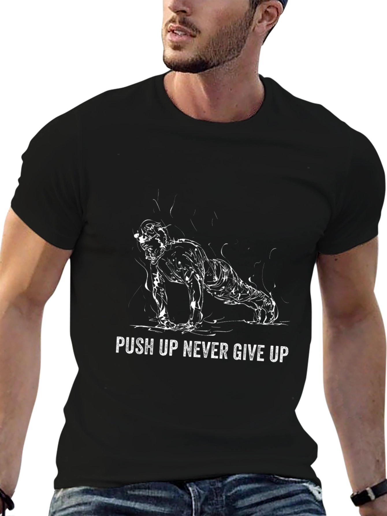 Push Up Never Give Up Black Graphic T-Shirt