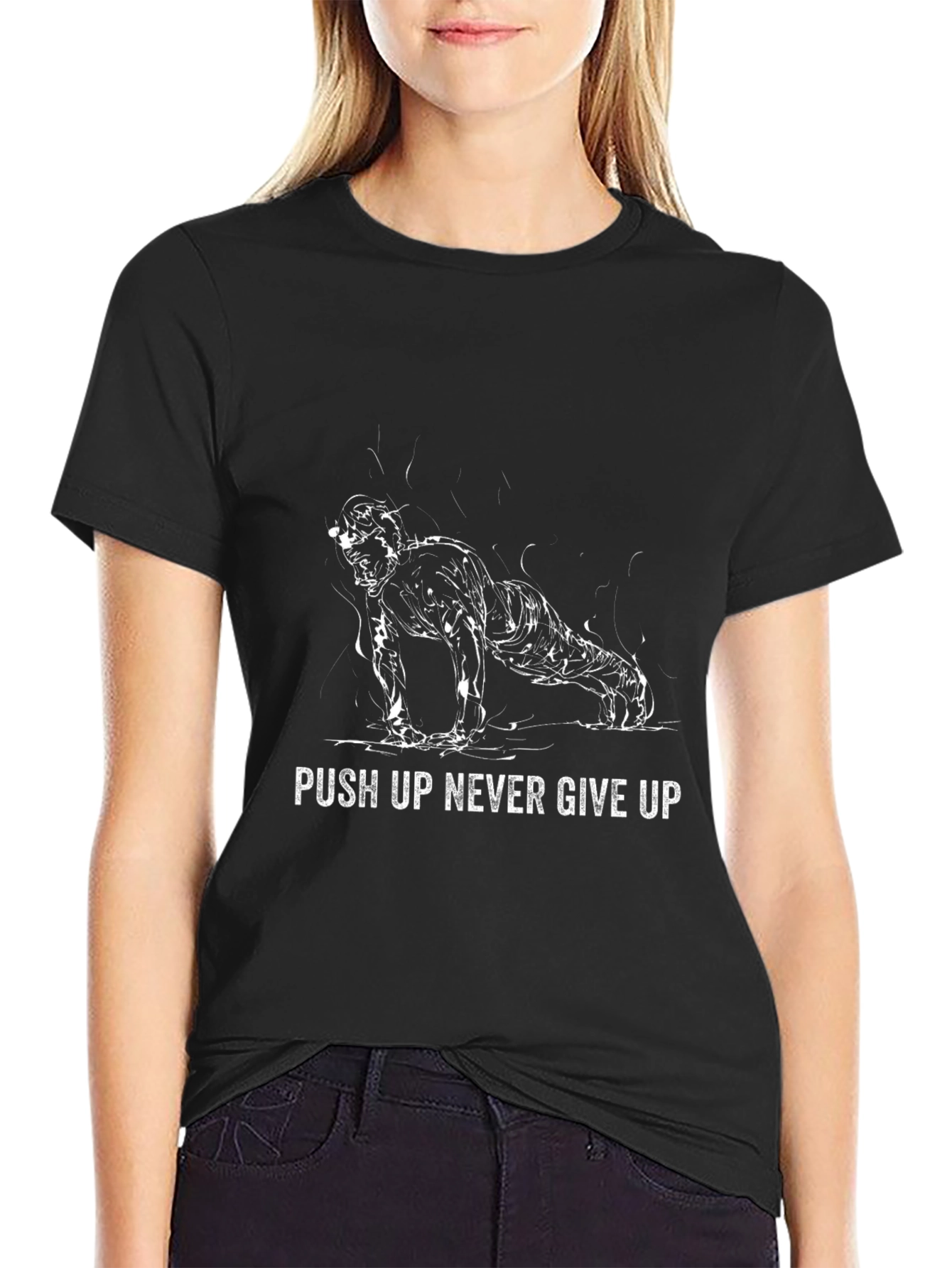 Push Up Never Give Up Black Graphic T-Shirt