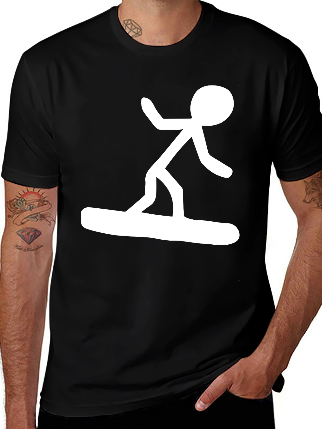 Stick Figure Surfer Black T-Shirt