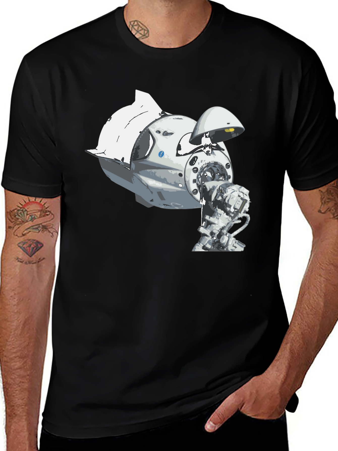 Spacecraft Graphic Tee - Black Cotton Crew Neck