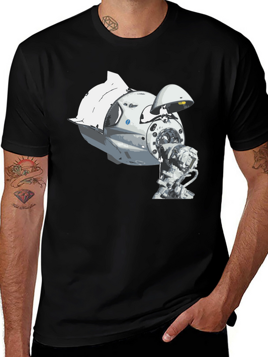 Spacecraft Graphic Tee - Black Cotton Crew Neck
