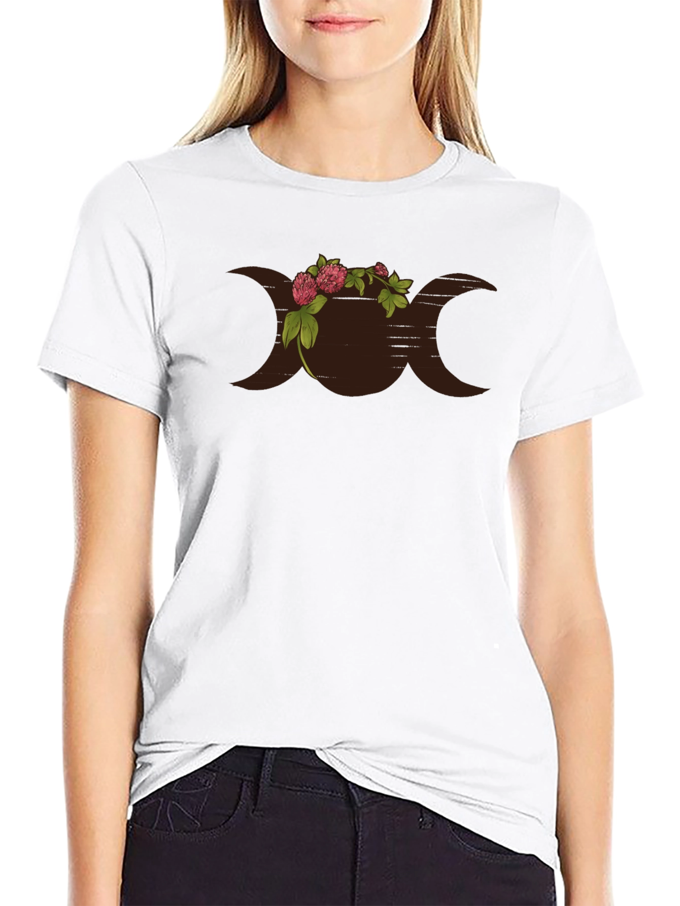 Floral Triple Moon Goddess Black T-Shirt