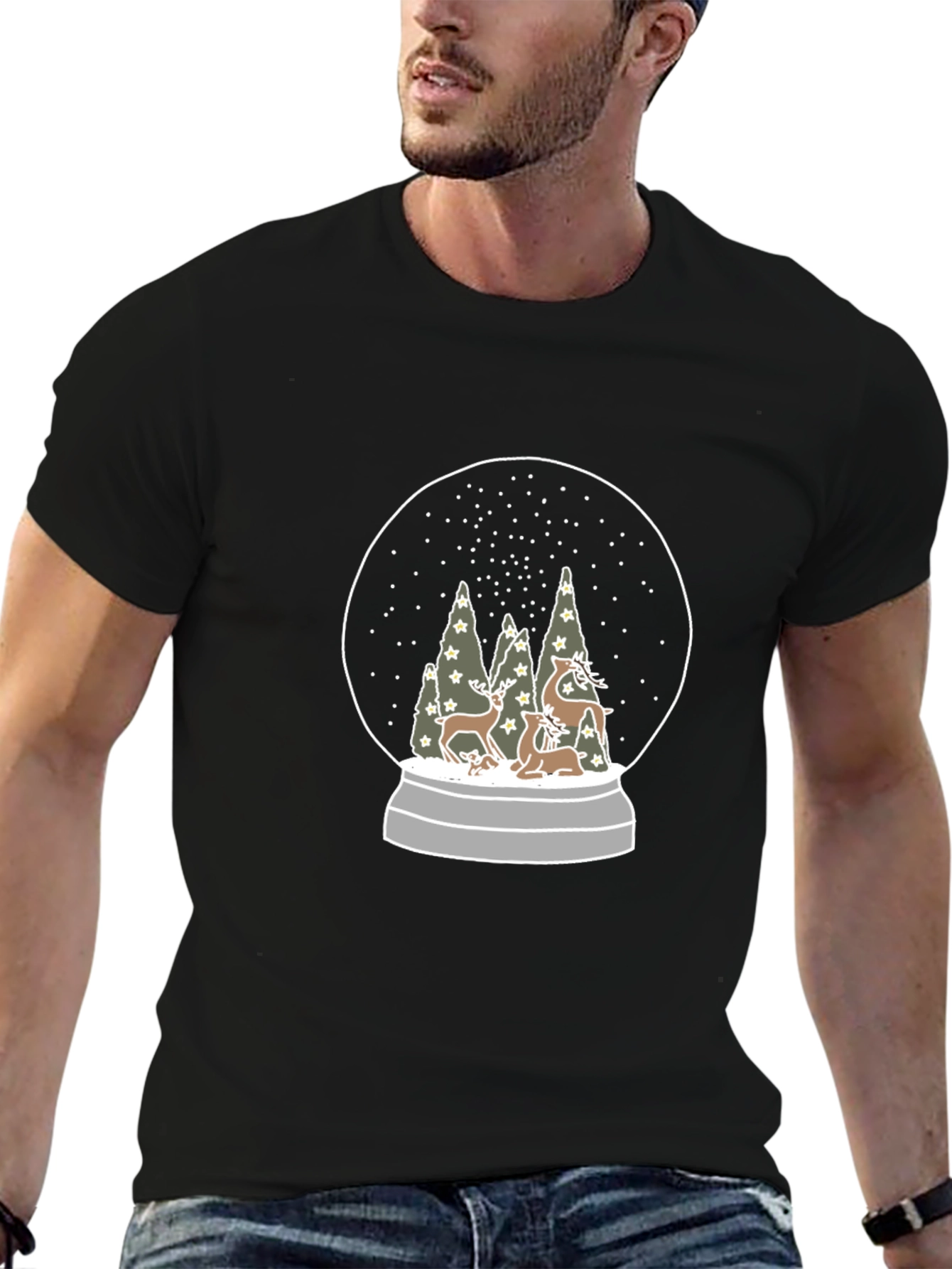 Snow Globe Deer Graphic Tee - Black Cotton T-Shirt