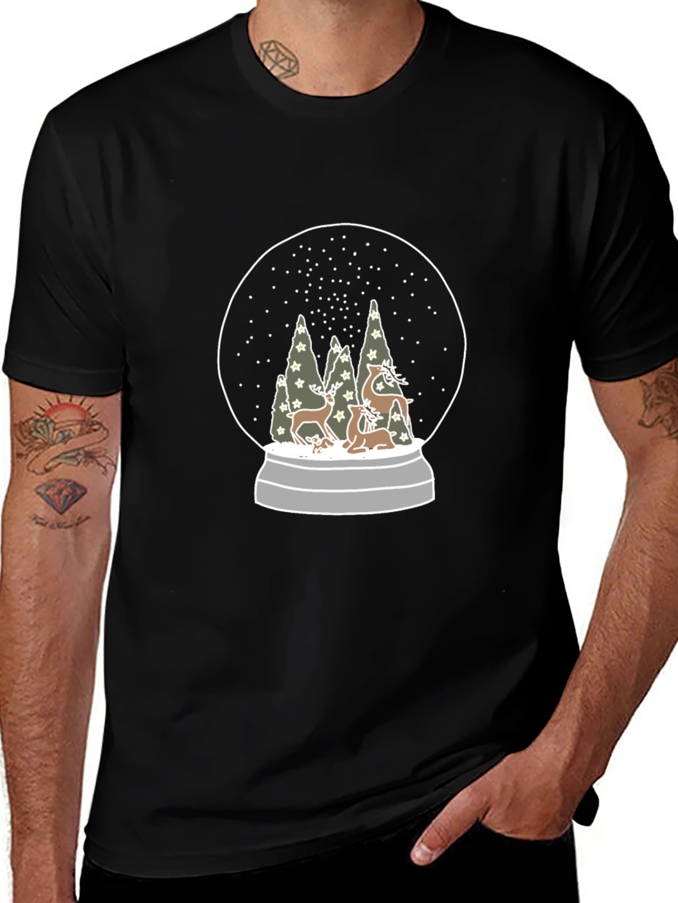 Snow Globe Deer Graphic Tee - Black Cotton T-Shirt