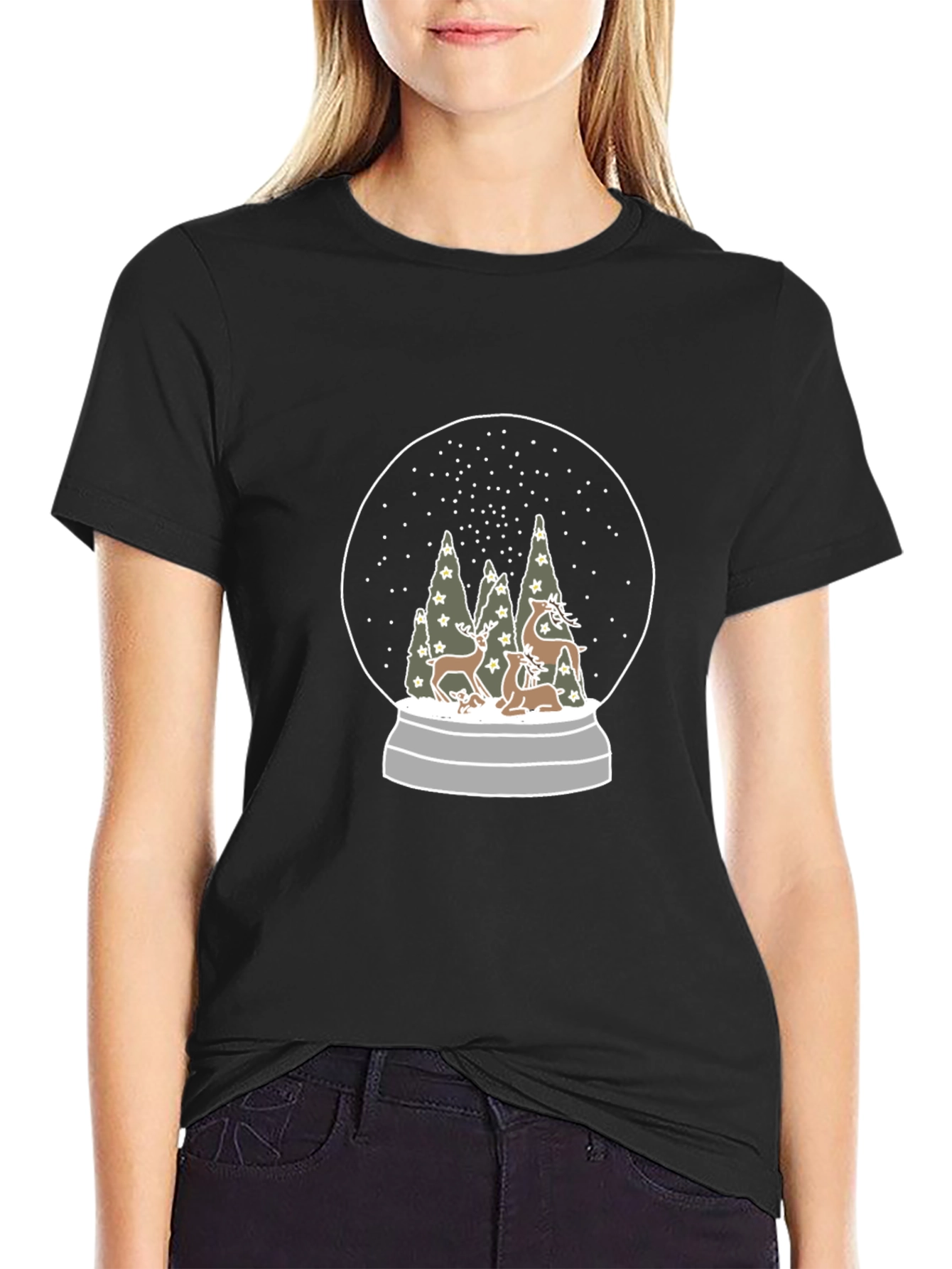 Snow Globe Deer Graphic Tee - Black Cotton T-Shirt