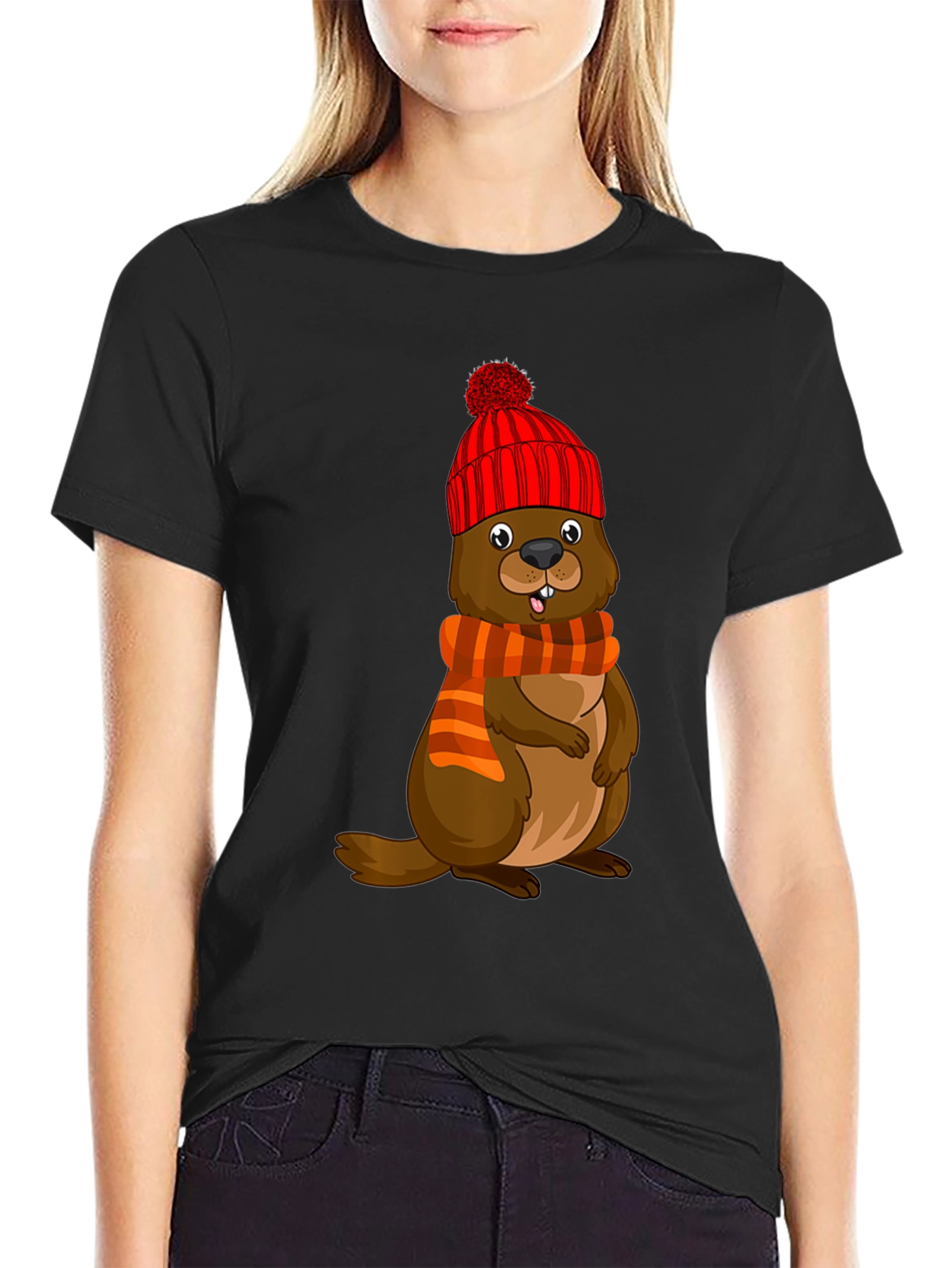 Cartoon Beaver in Winter Hat T-Shirt