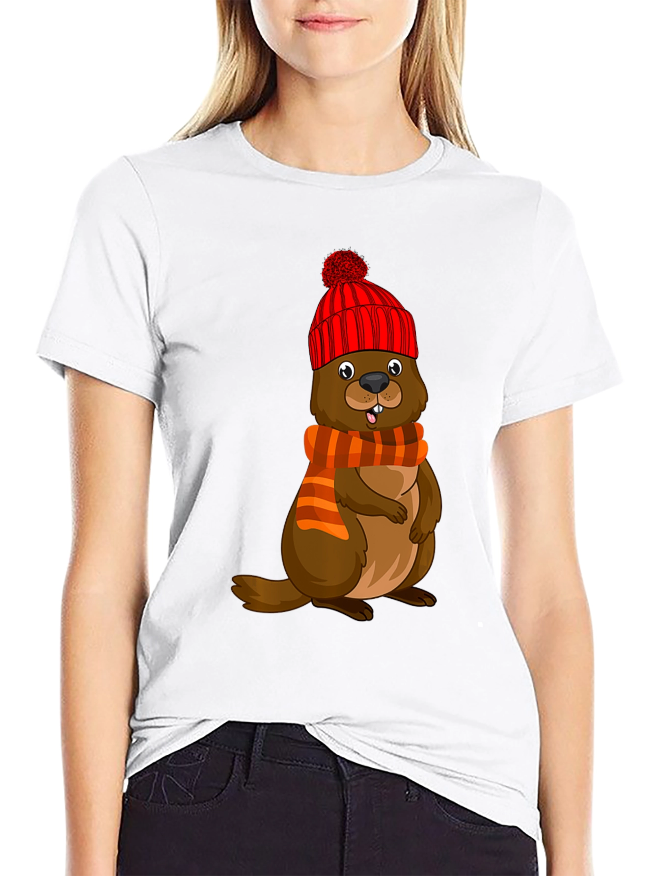 Cartoon Beaver in Winter Hat T-Shirt