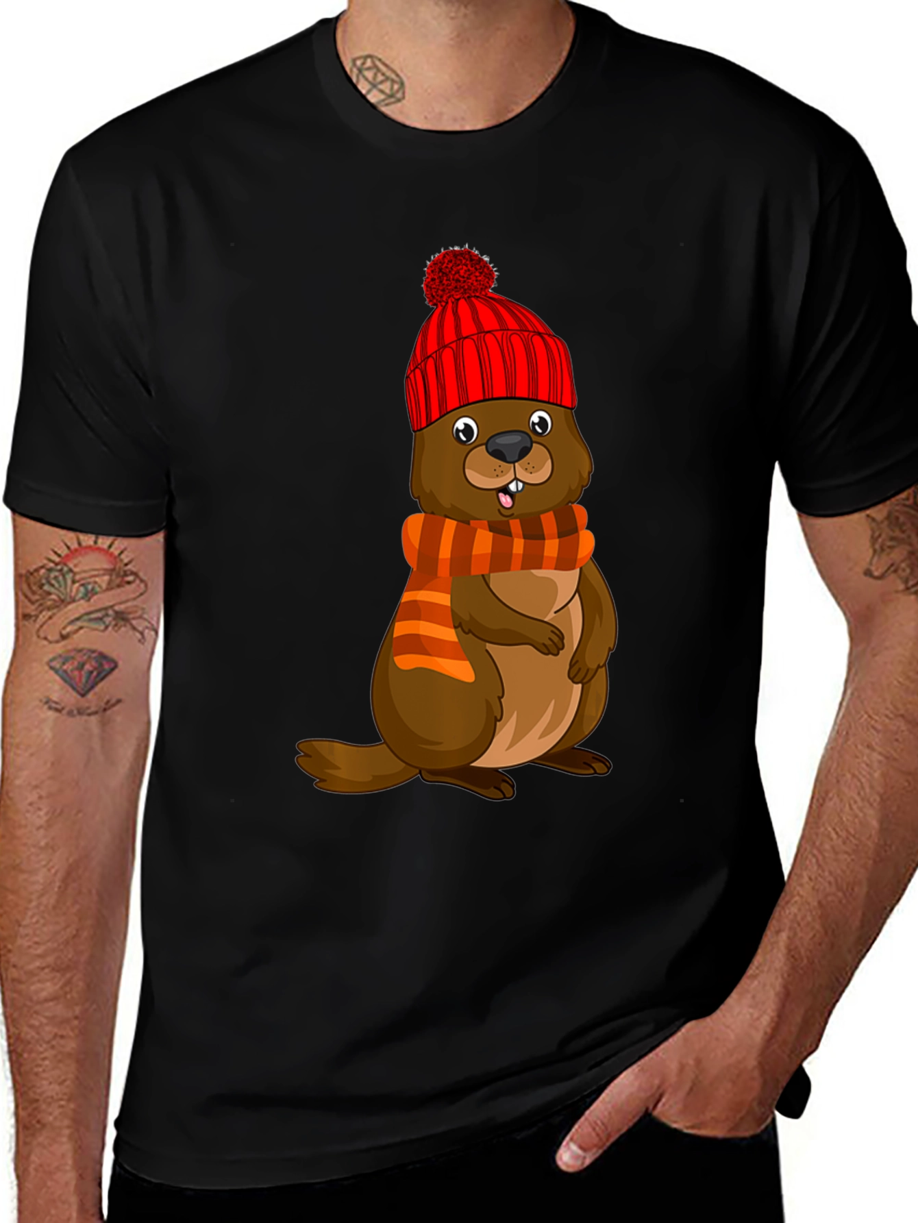 Cartoon Beaver in Winter Hat T-Shirt