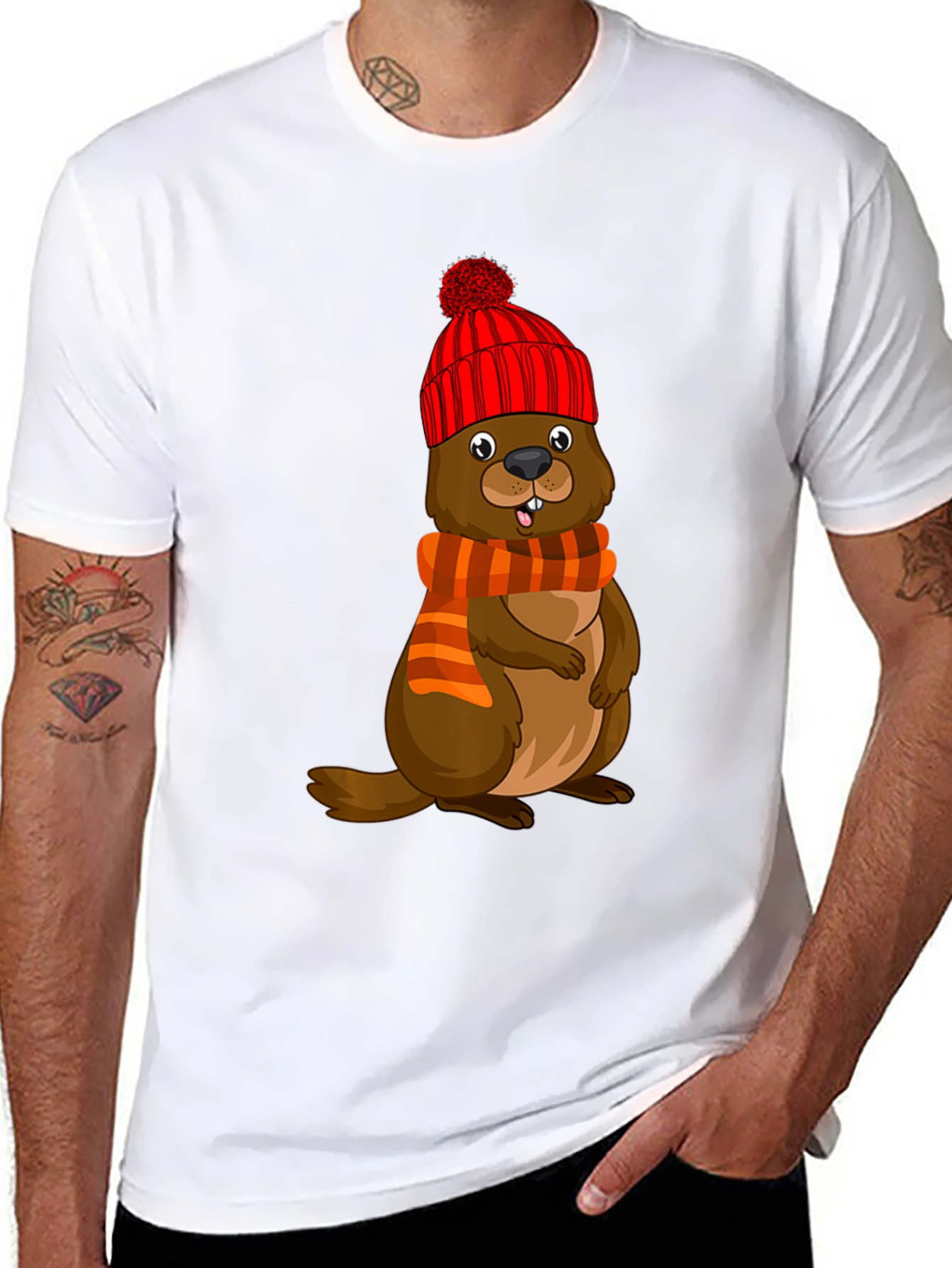 Cartoon Beaver in Winter Hat T-Shirt