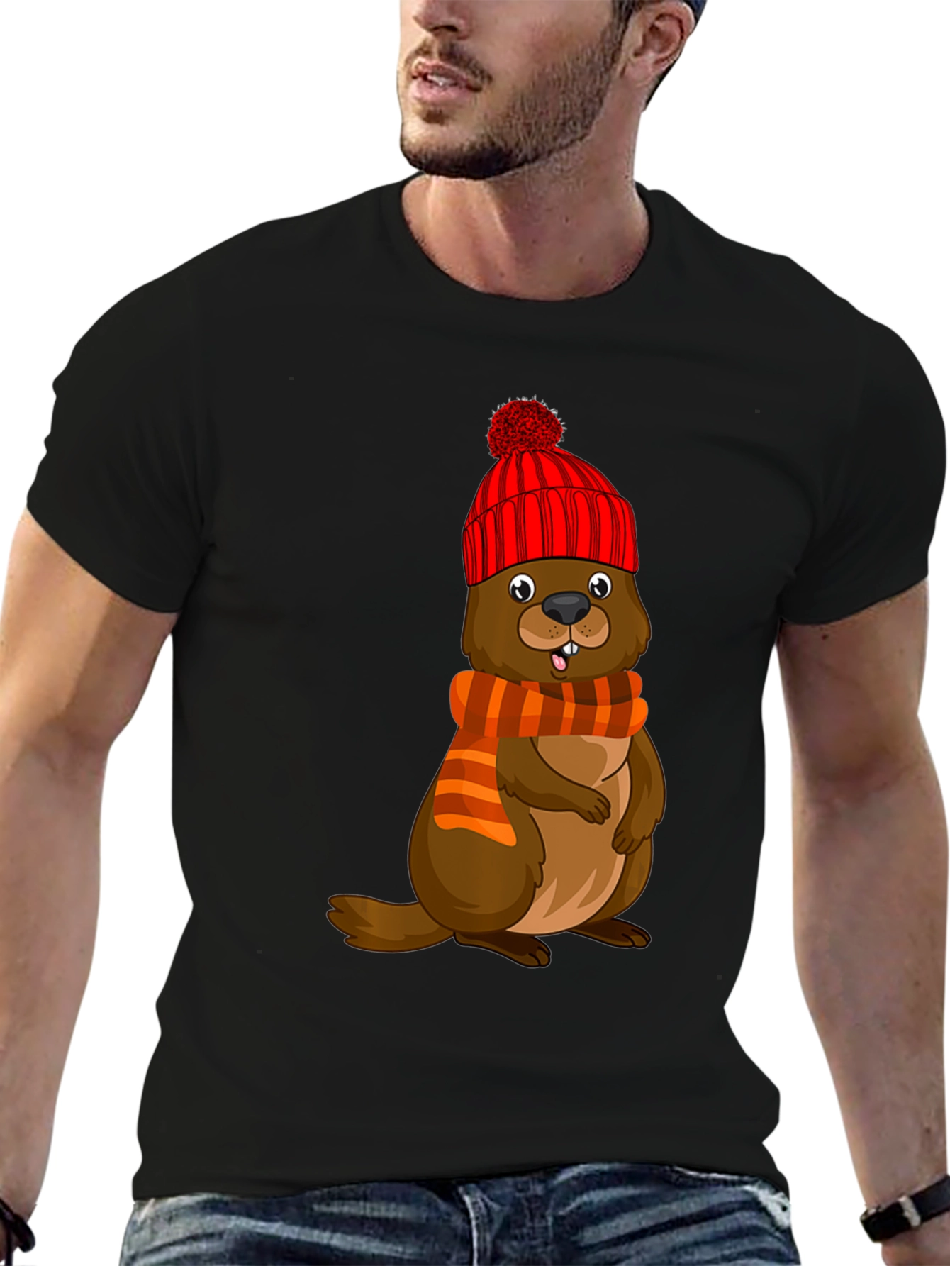 Cartoon Beaver in Winter Hat T-Shirt