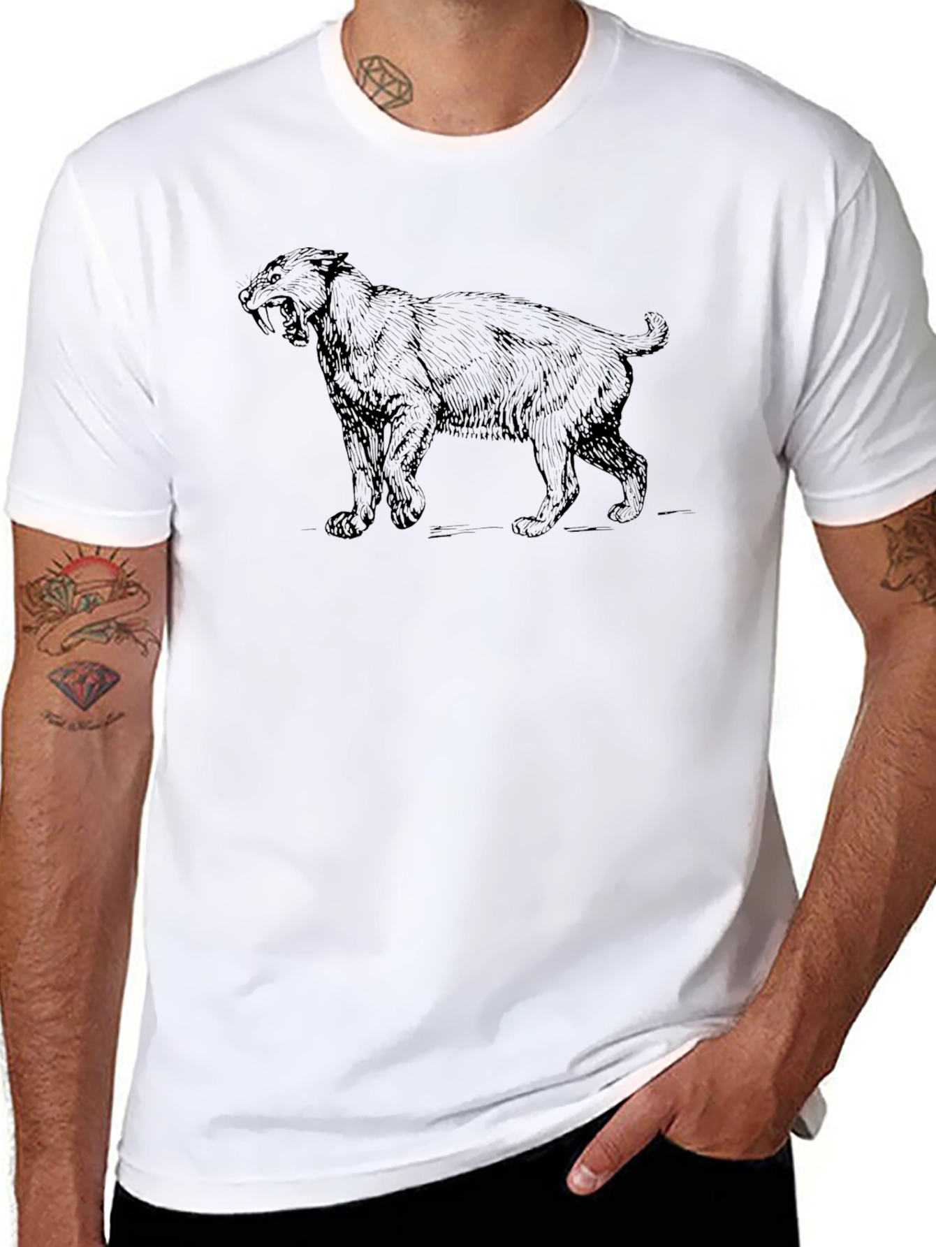 Black T-Shirt with Saber-Toothed Tiger Graphic
