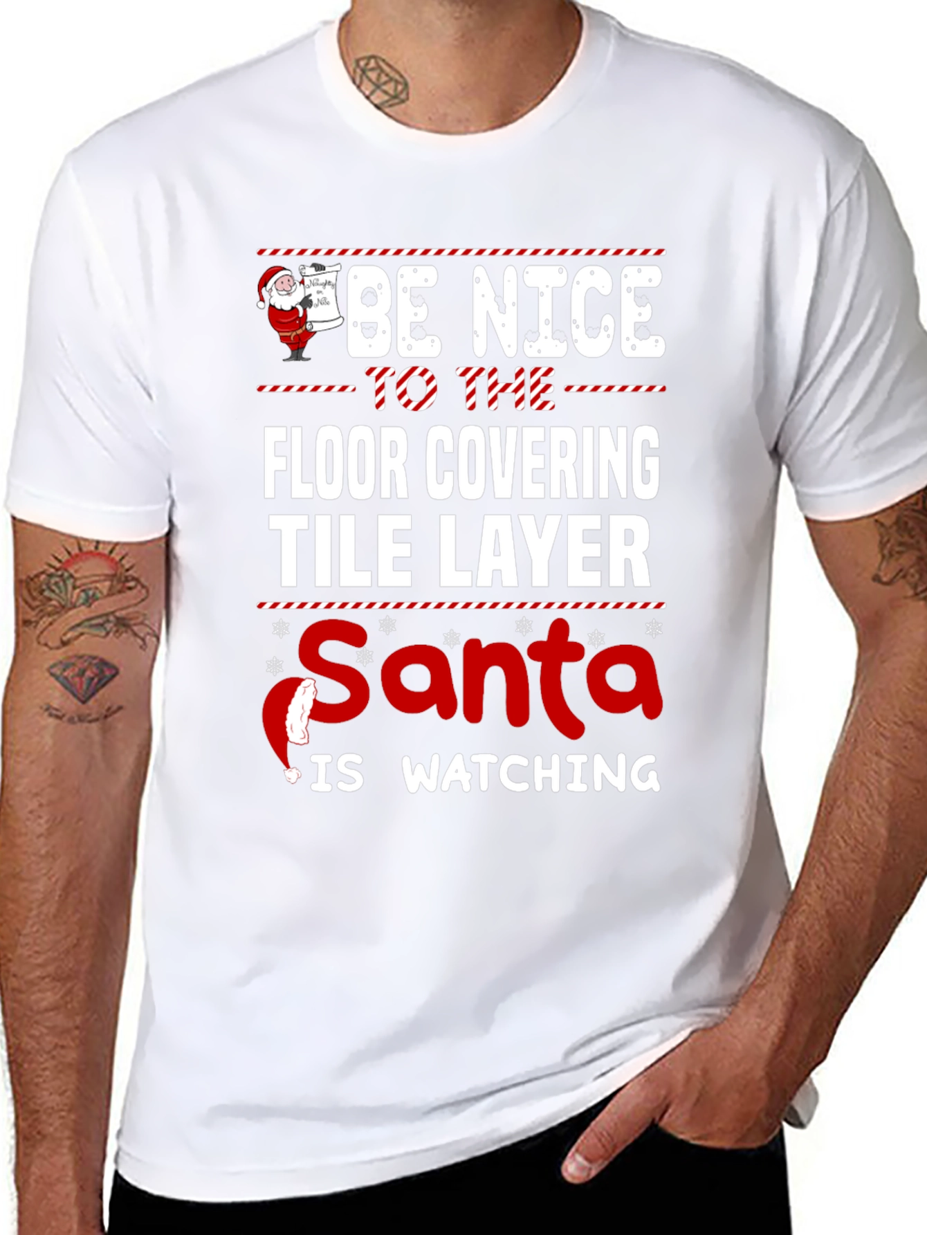 Funny Floor Tile Layer Santa Watching Christmas T-Shirt