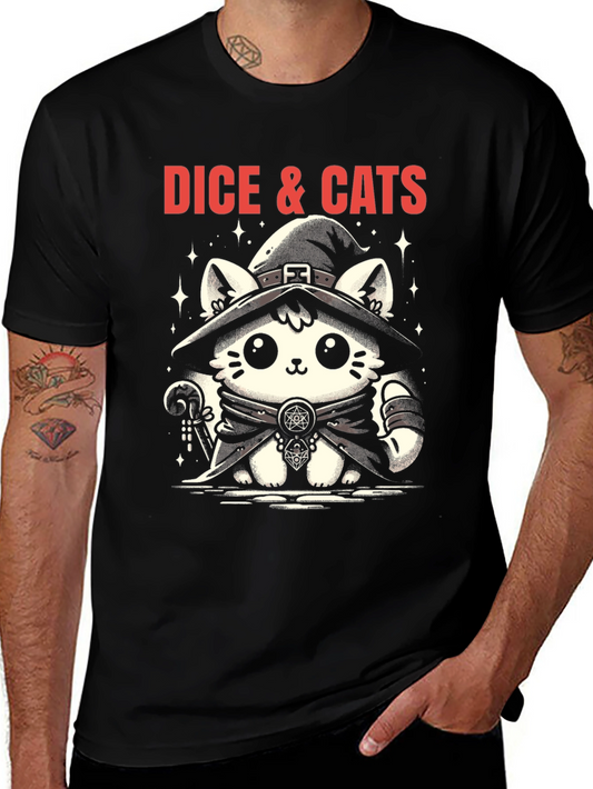 Dice & Cats Graphic Tee - Magical Cat Wizard Shirt
