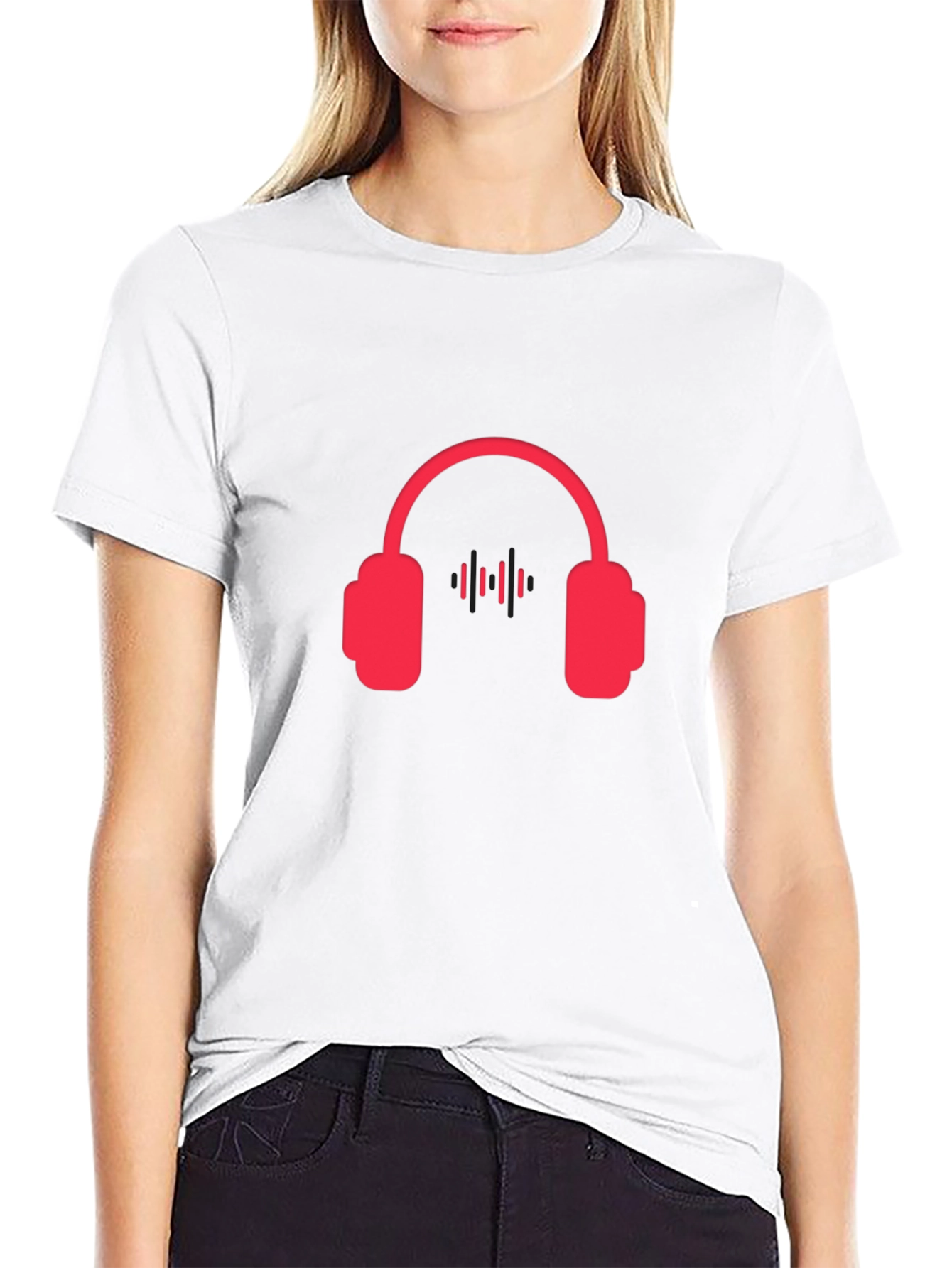 Red Headphone Graphic Tee - Black Casual T-Shirt