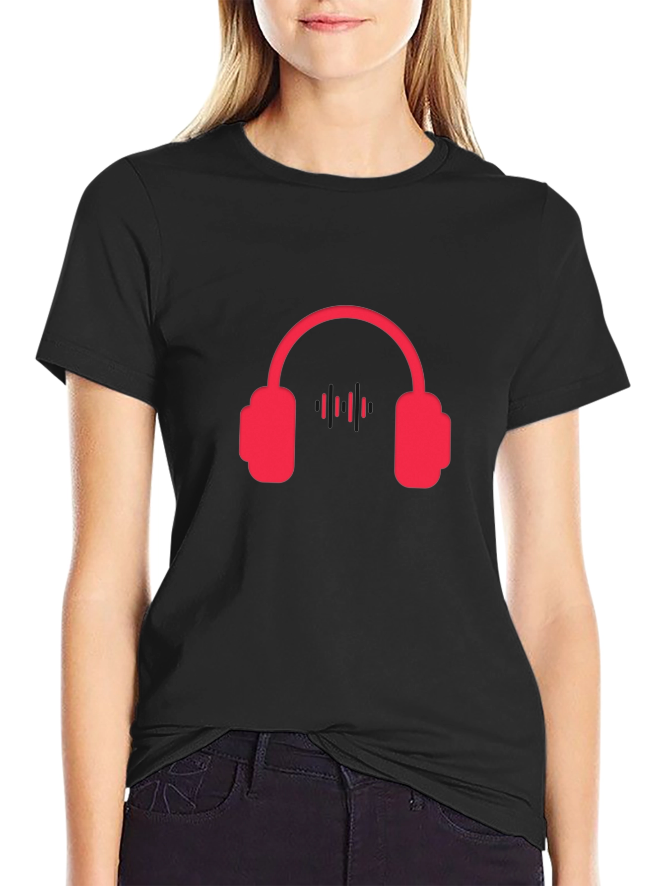 Red Headphone Graphic Tee - Black Casual T-Shirt