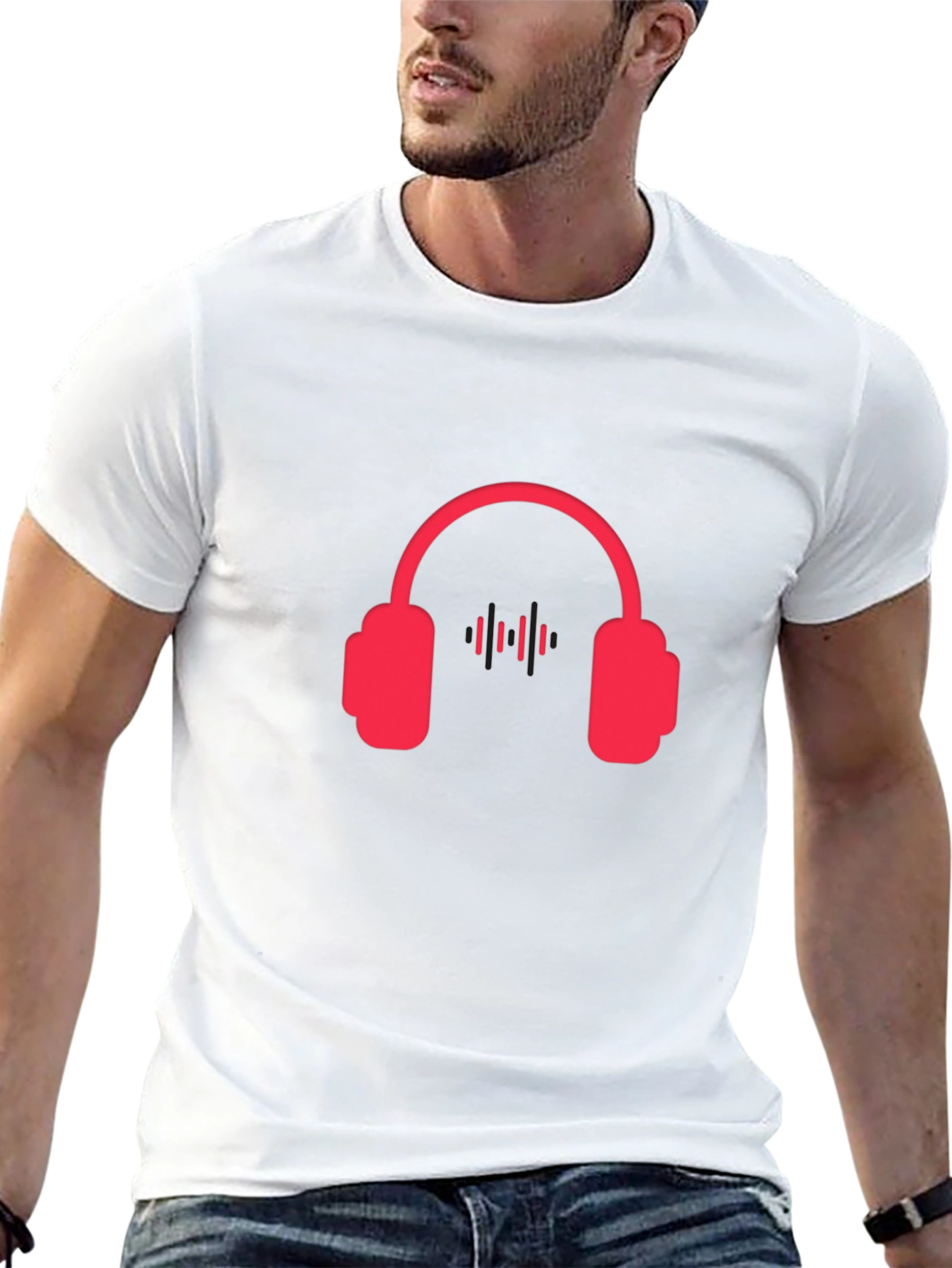 Red Headphone Graphic Tee - Black Casual T-Shirt