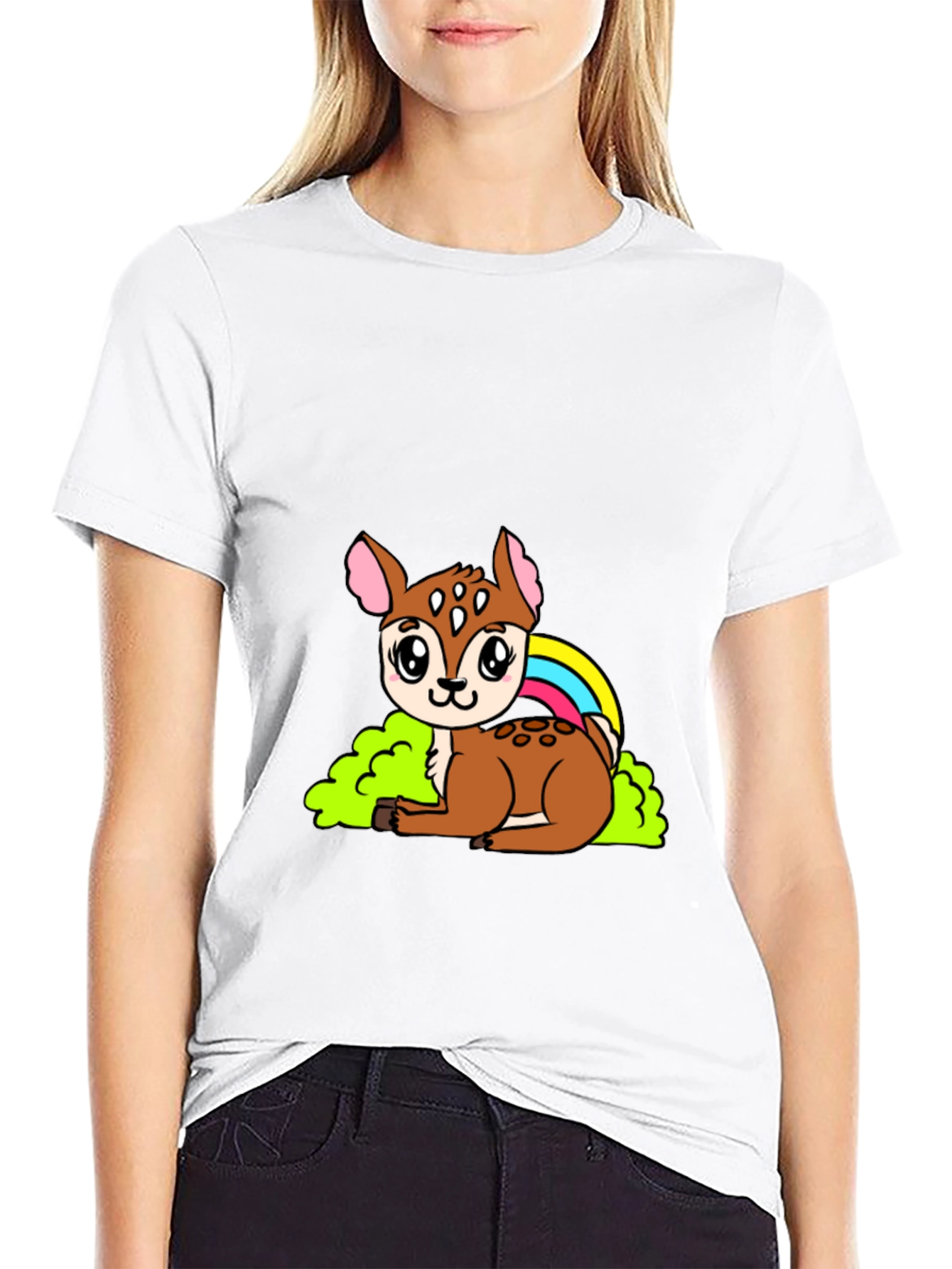 Cute Deer Cartoon Graphic Black T-Shirt