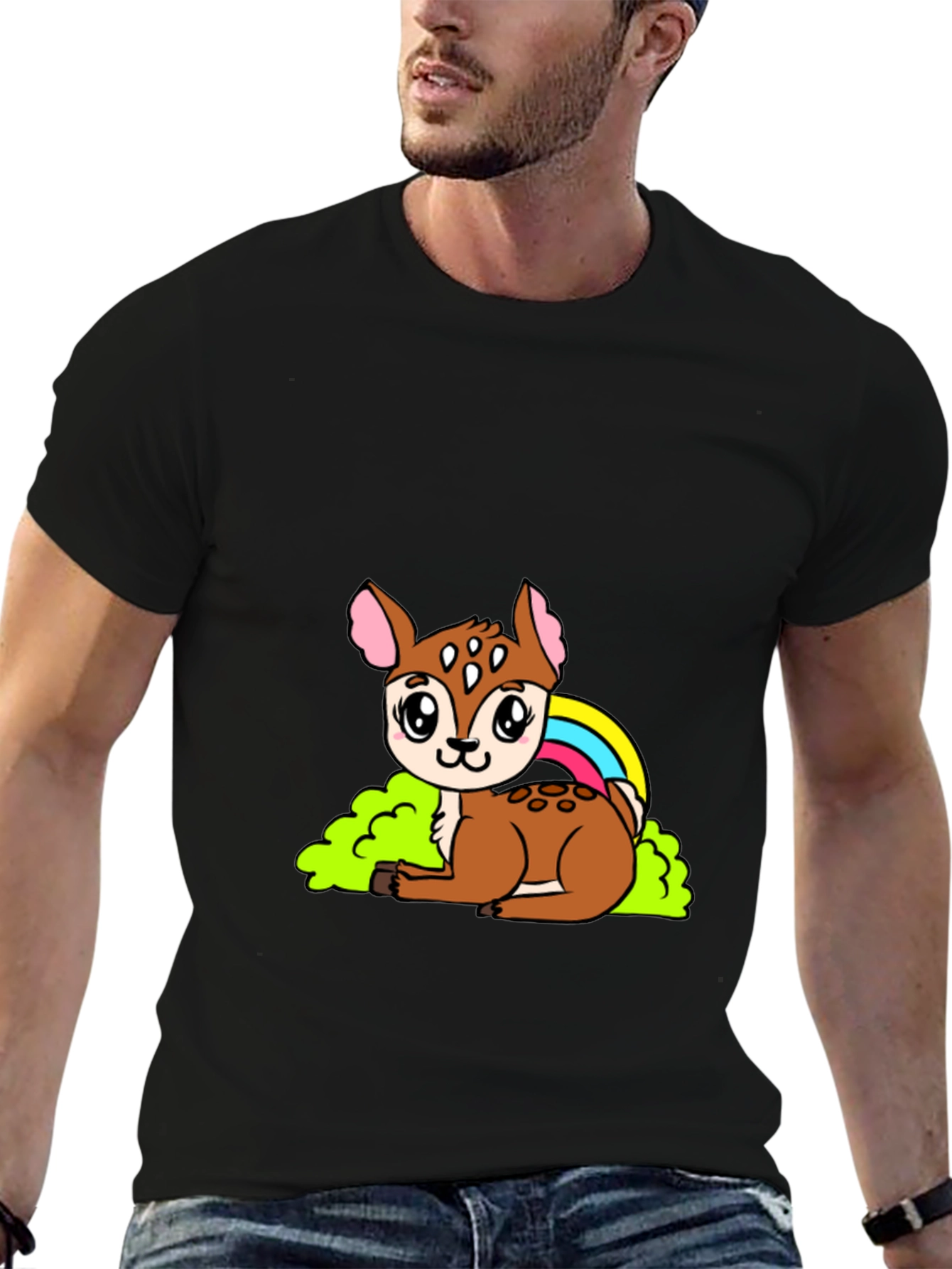 Cute Deer Cartoon Graphic Black T-Shirt