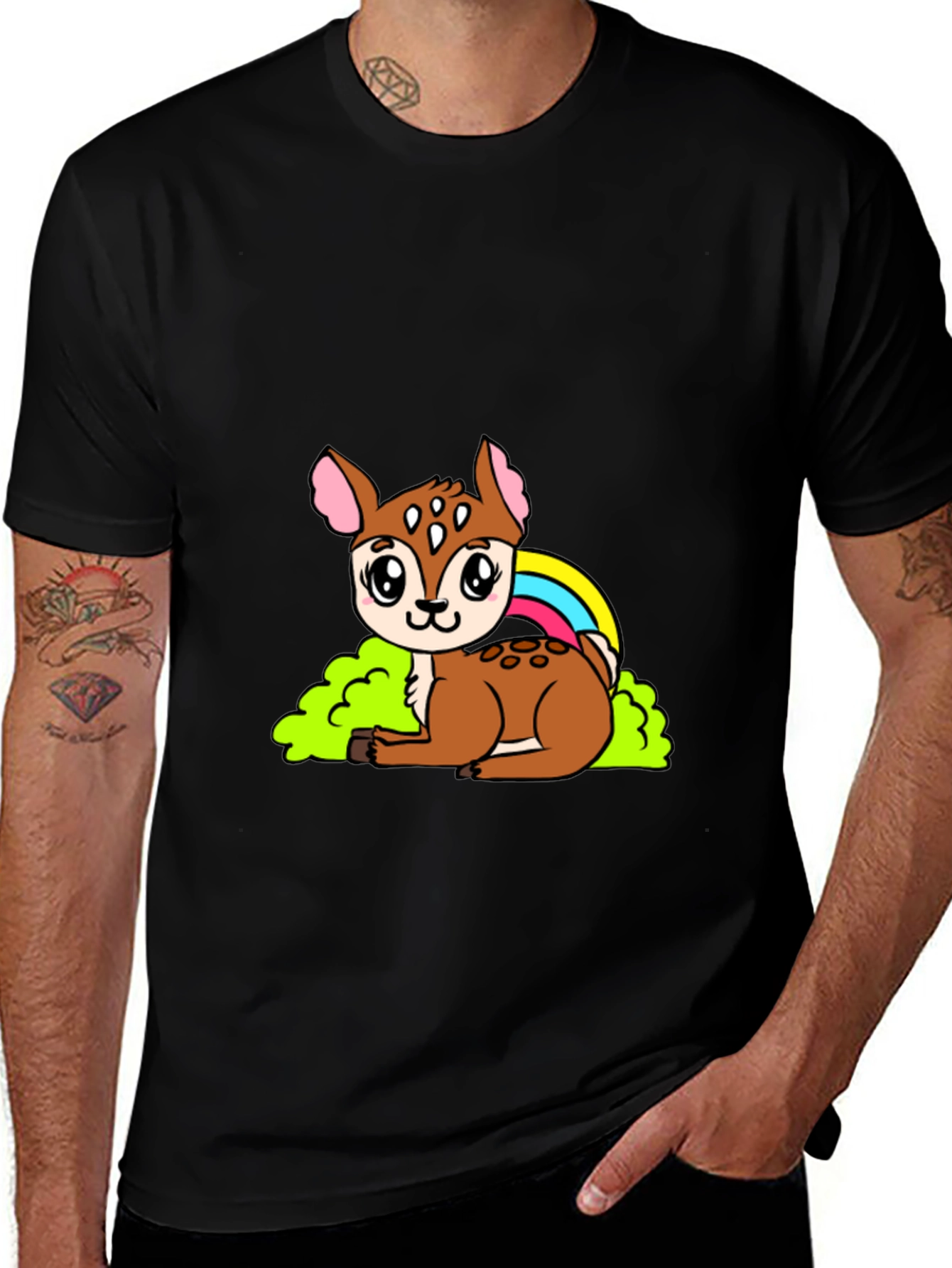 Cute Deer Cartoon Graphic Black T-Shirt