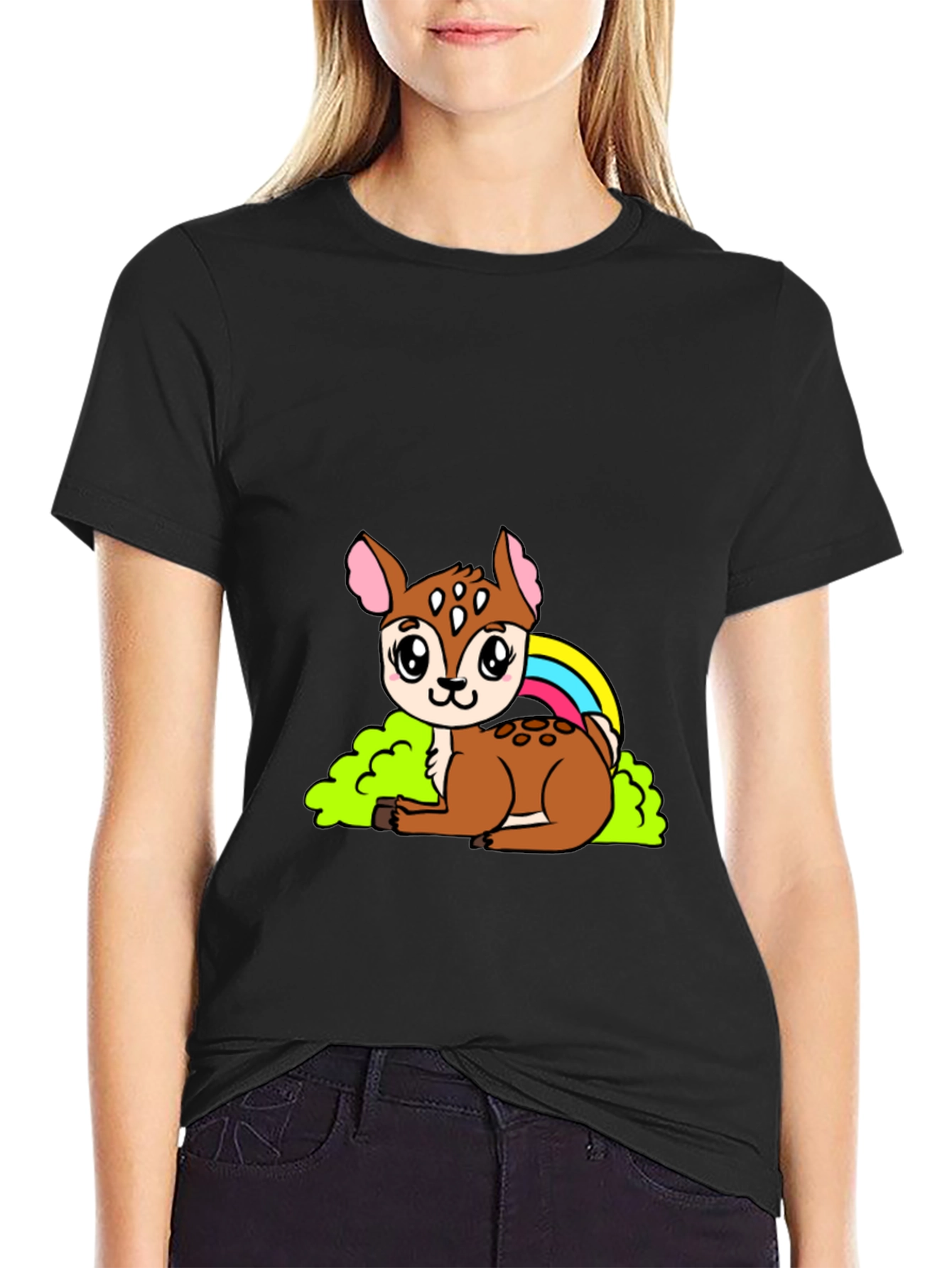 Cute Deer Cartoon Graphic Black T-Shirt
