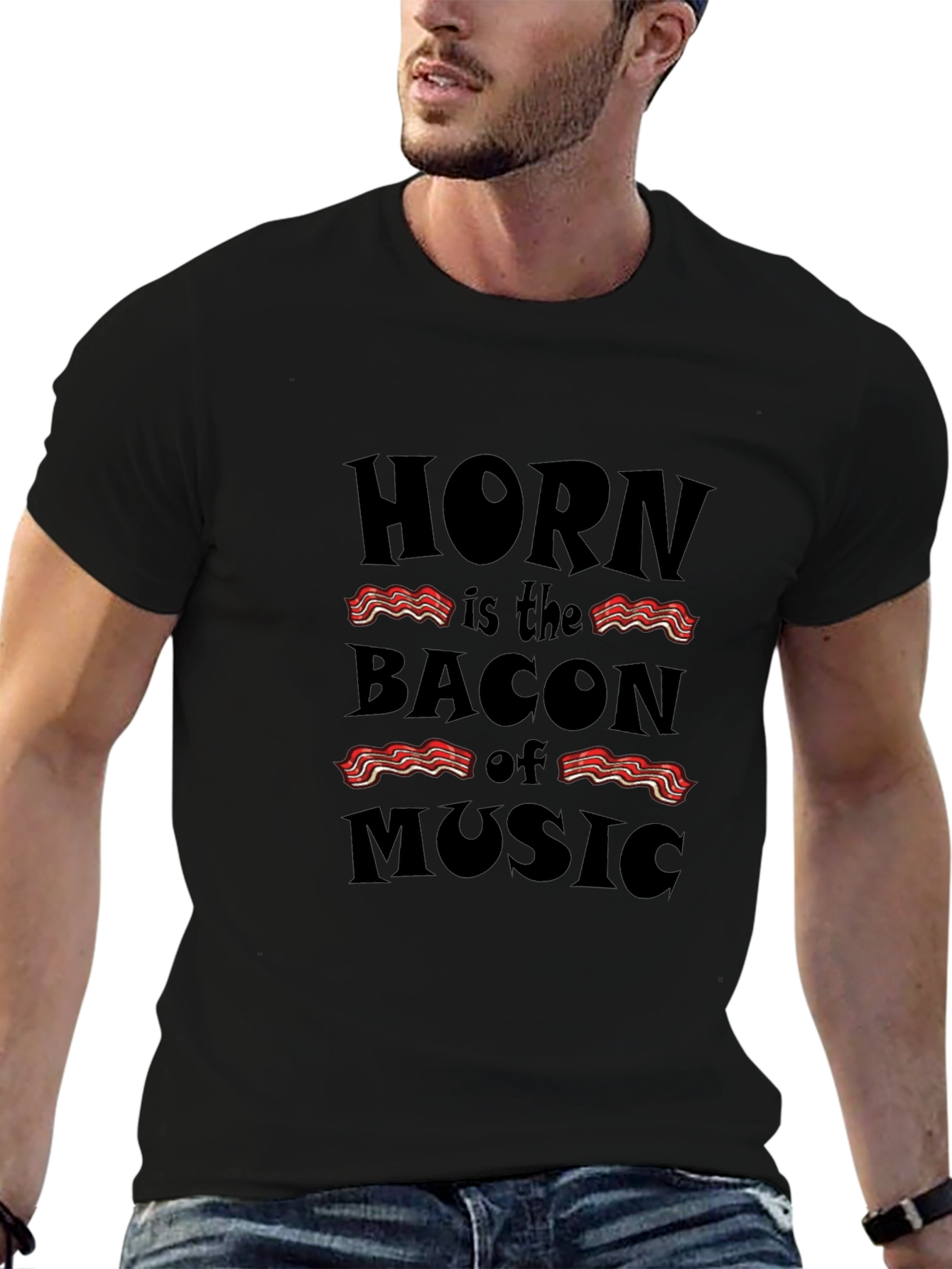 Horn is the Bacon of Music Black T-Shirt