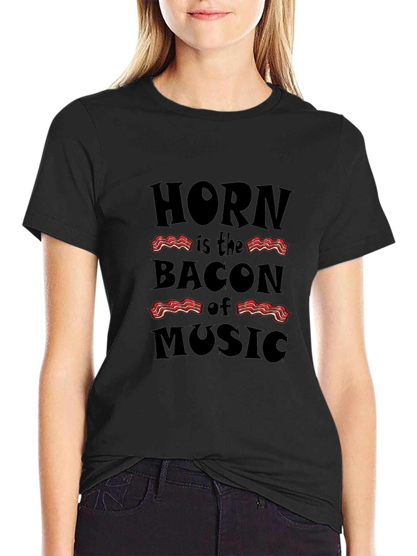 Horn is the Bacon of Music Black T-Shirt
