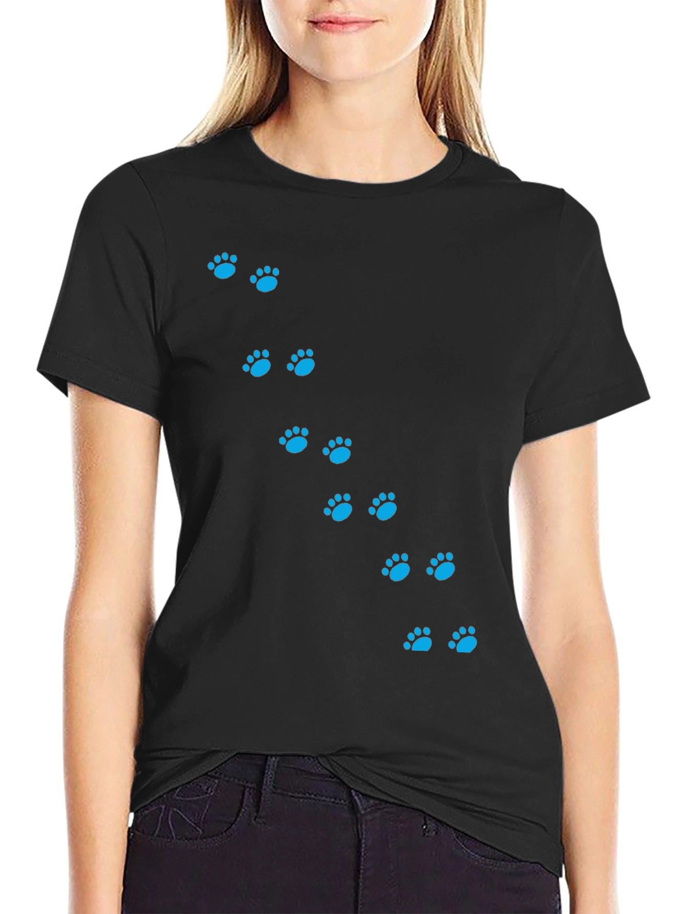 Mens Black T-Shirt with Blue Paw Prints