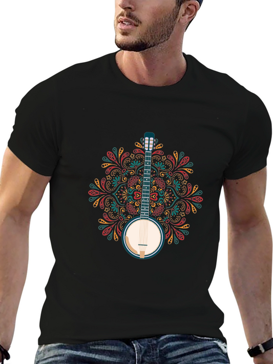 Banjo Mandala Graphic Tee - Black Cotton T-Shirt