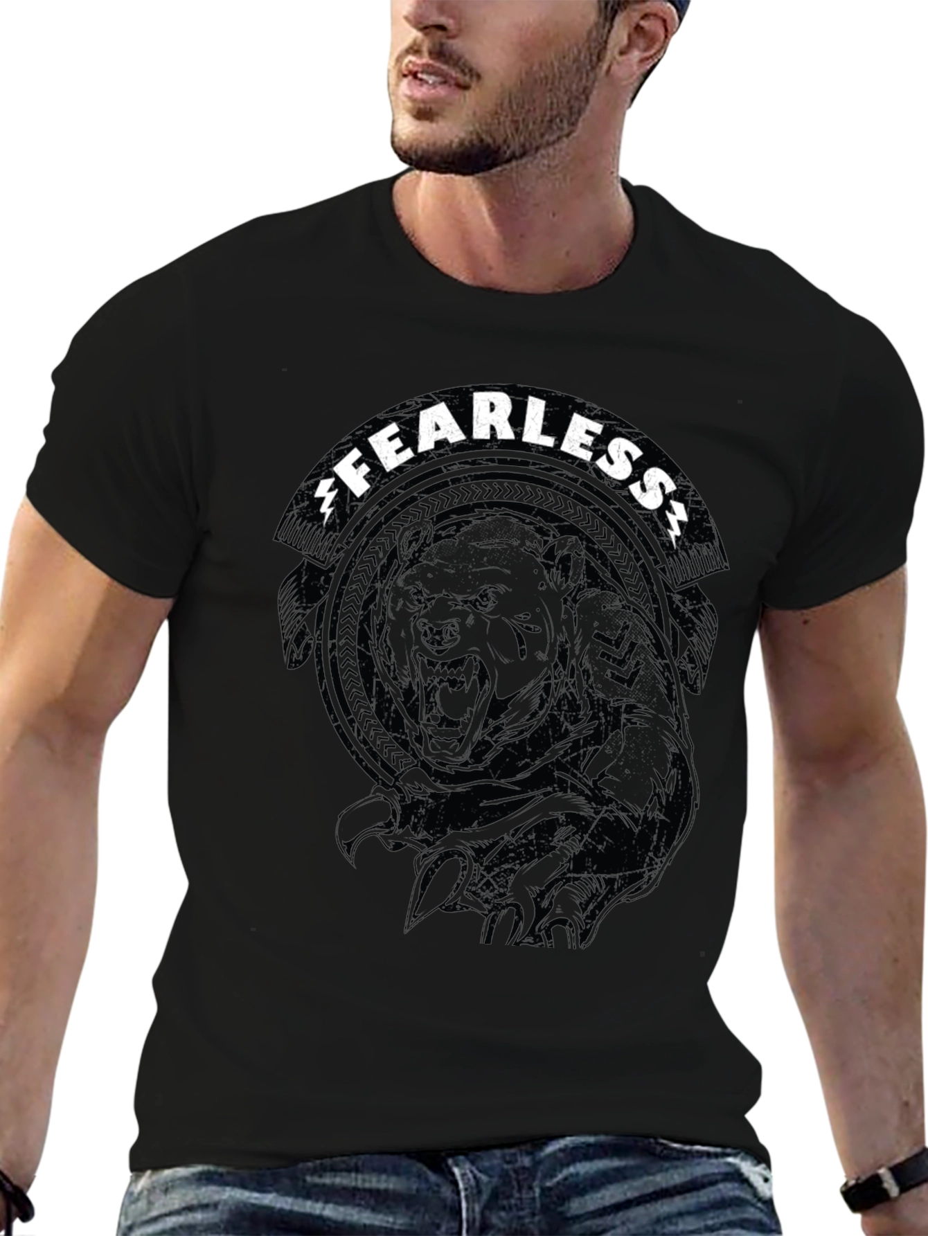 Fearless Bear Graphic Tee - Black Cotton T-Shirt
