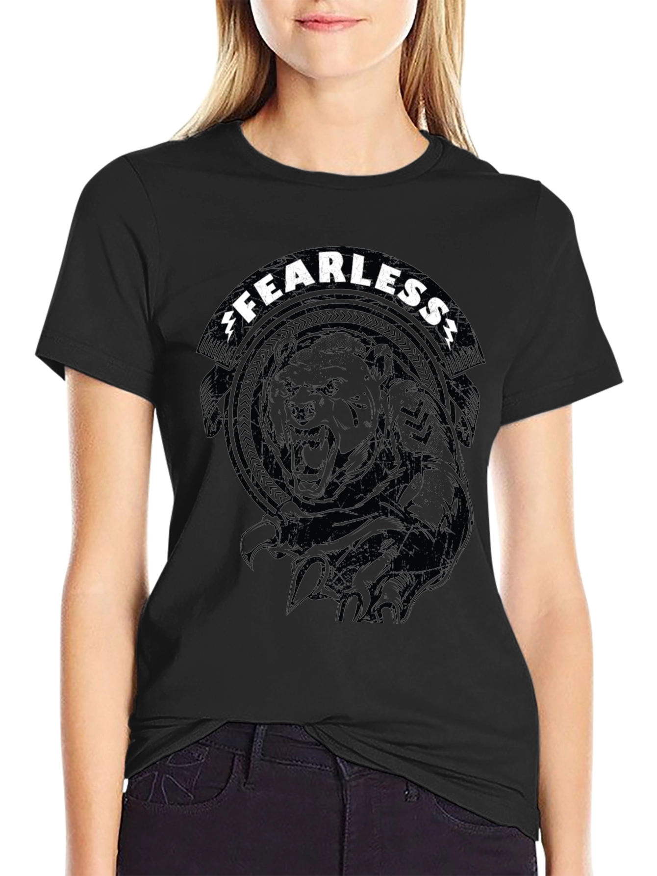 Fearless Bear Graphic Tee - Black Cotton T-Shirt