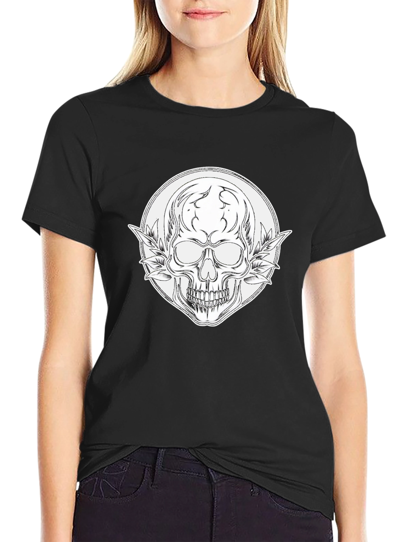 Skull and Leaves Graphic Black T-Shirt
