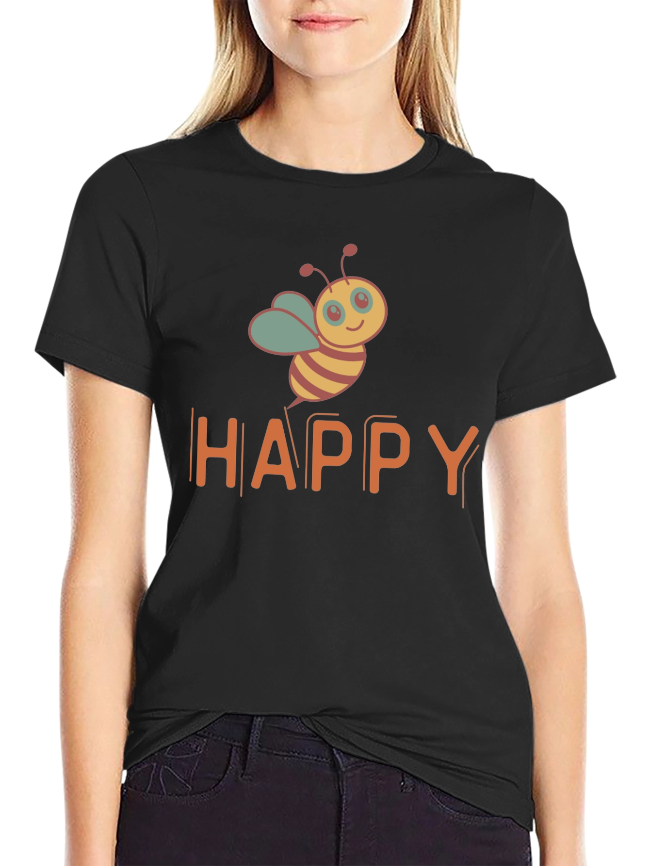 Happy Bee Graphic T-Shirt - Black Casual Tee