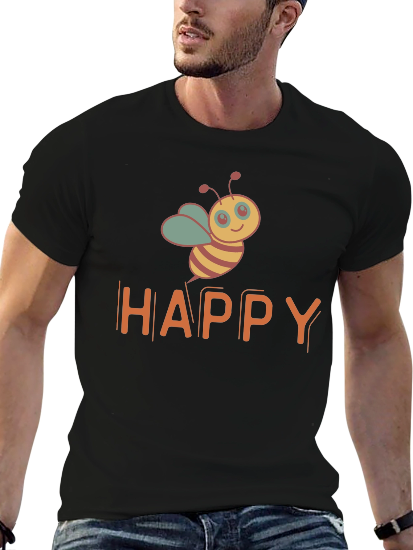 Happy Bee Graphic T-Shirt - Black Casual Tee
