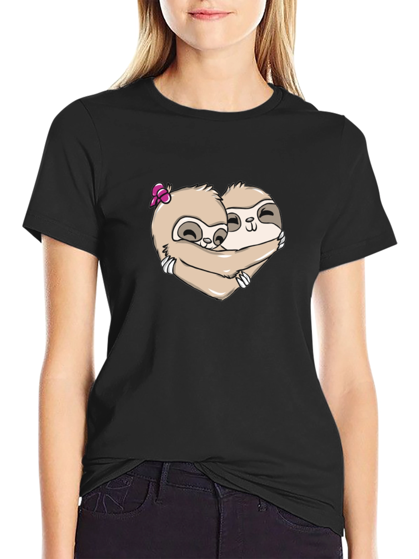 Cute Sloth Couple Hugging T-Shirt - Black